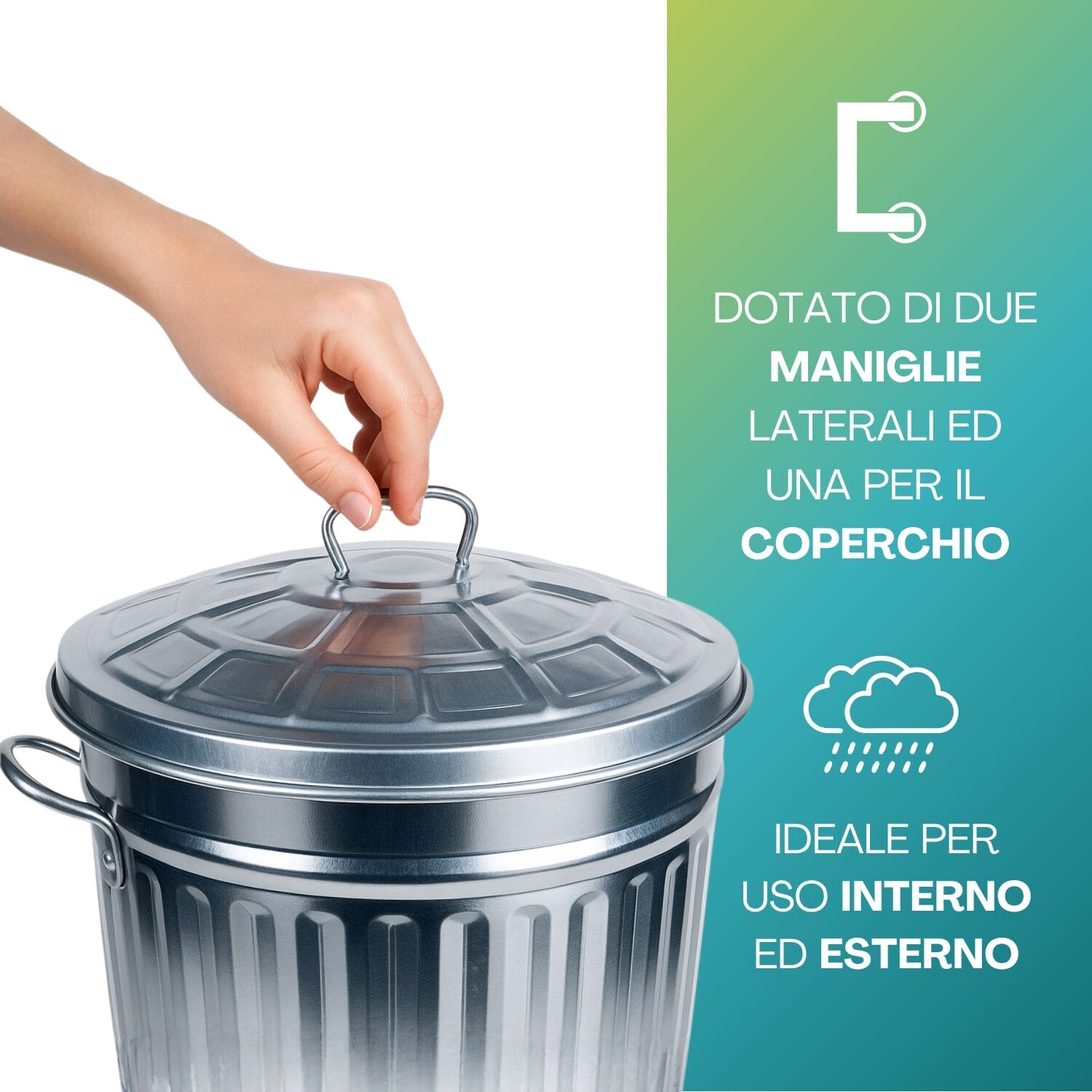 Bidone zincato con due maniglie laterali e una sul coperchio, per uso interno ed esterno