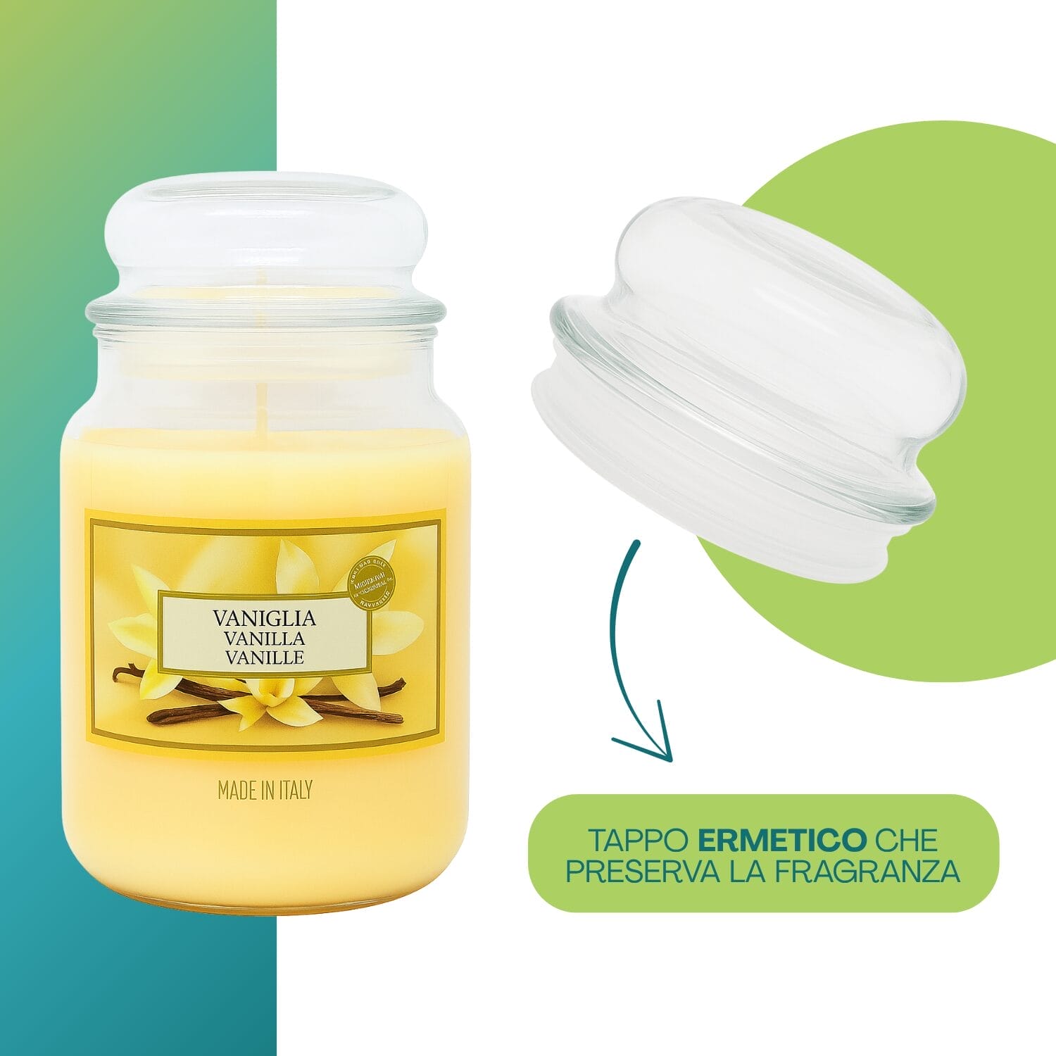 Candela vaniglia con tappo ermetico che conserva aroma