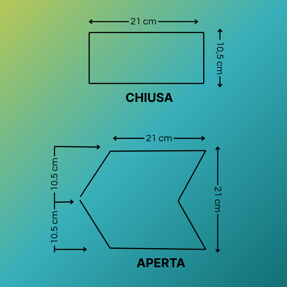Misure asciugamani piegati a V 21x10,5 cm chiusa e 21x21 cm aperta