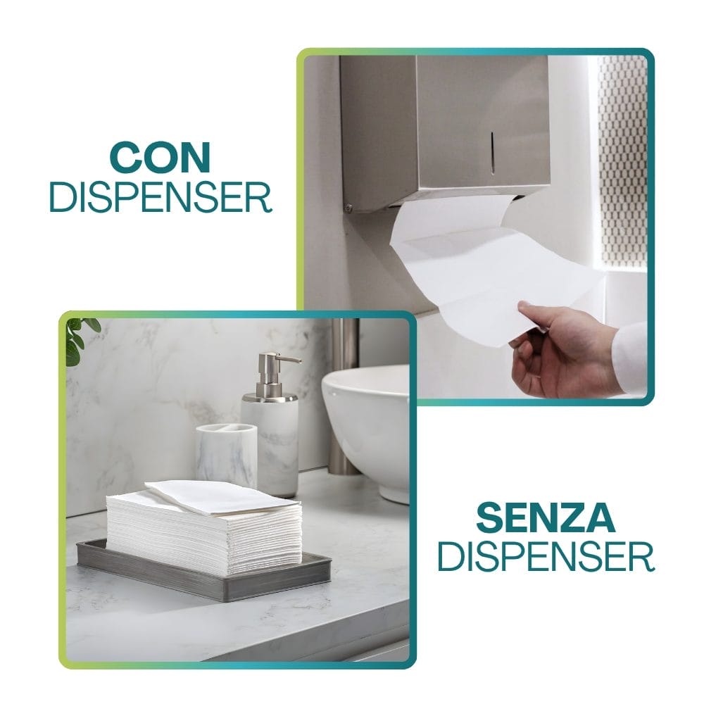 Uso asciugamani piegati a V con e senza dispenser su lavabo bagno elegante