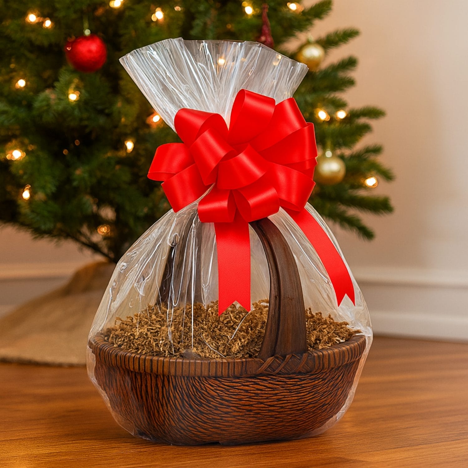 Cesto natalizio incartato con foglio cellophane trasparente e fiocco rosso decorativo