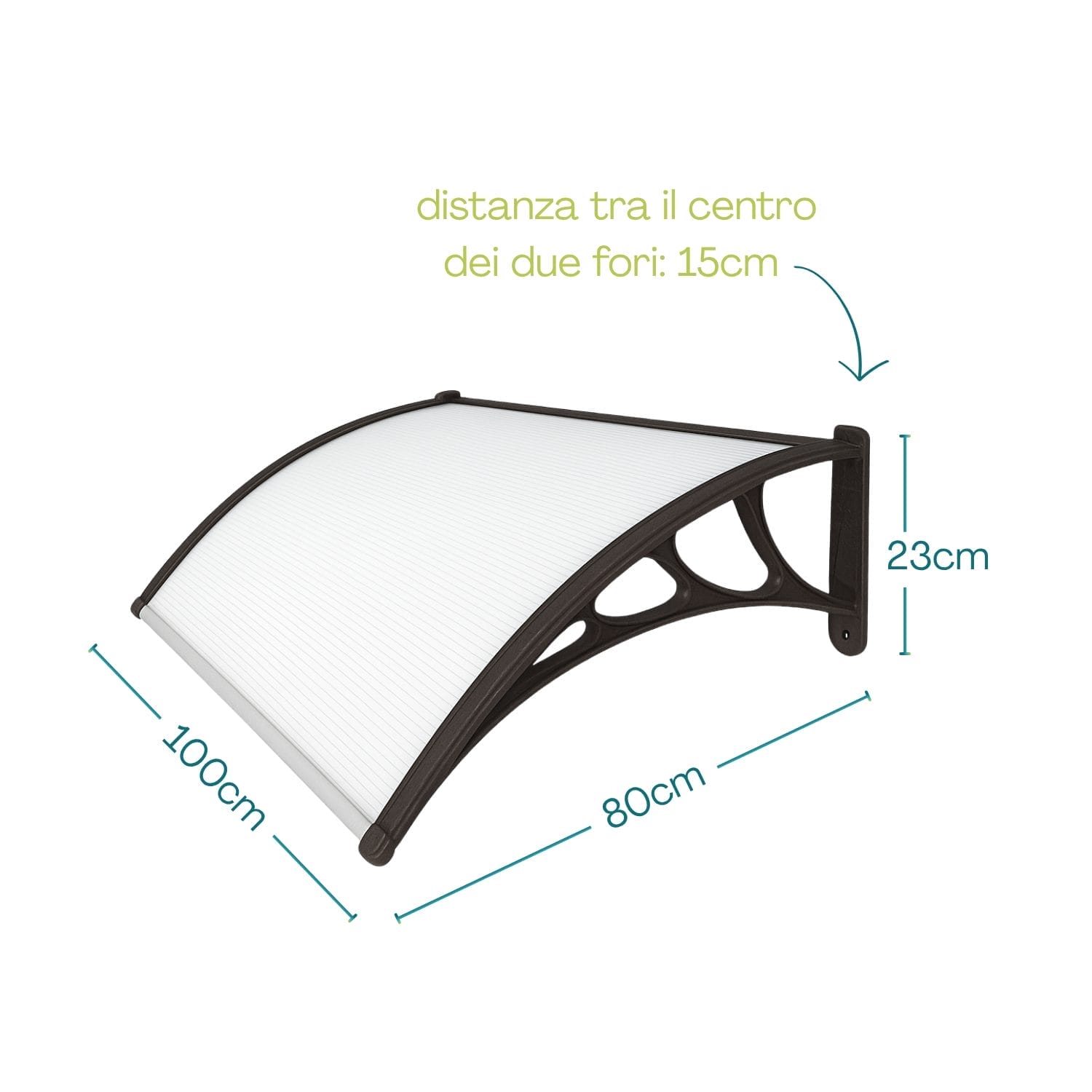 Pensilina copriporta 100x80 cm in policarbonato traslucido con struttura in ABS nera resistente