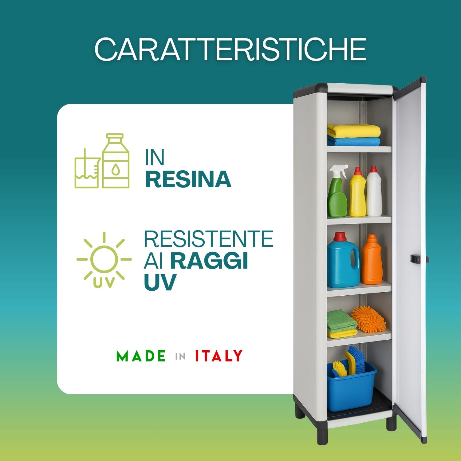 RIPOSTIGLIO 1 ANTA Armadio ripostiglio in resina resistente ai raggi UV con 5 ripiani Made in Italy