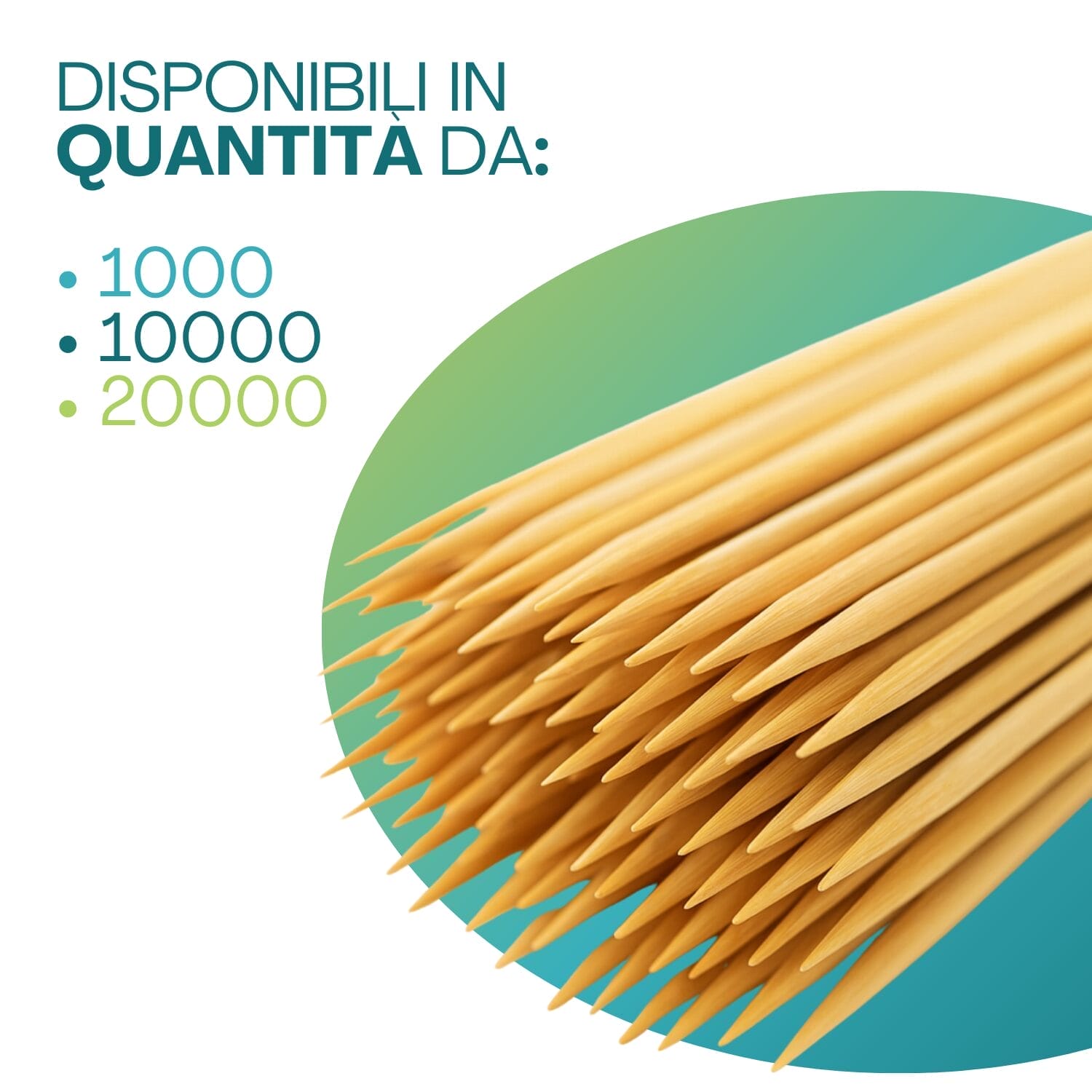Spiedini in legno disponibili in confezioni da 1000, 10000 e 20000 pezzi