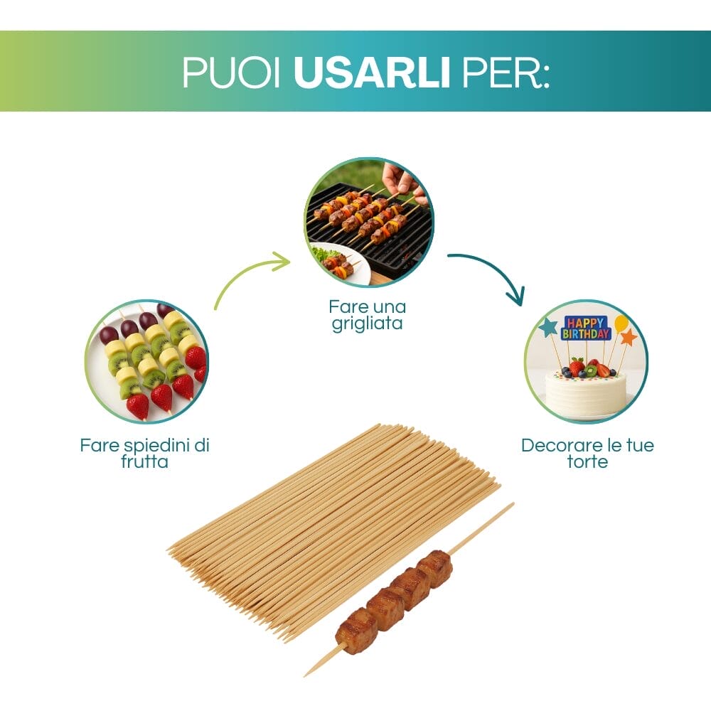 Spiedini in legno per grigliate, spiedini di frutta e decorazioni torte