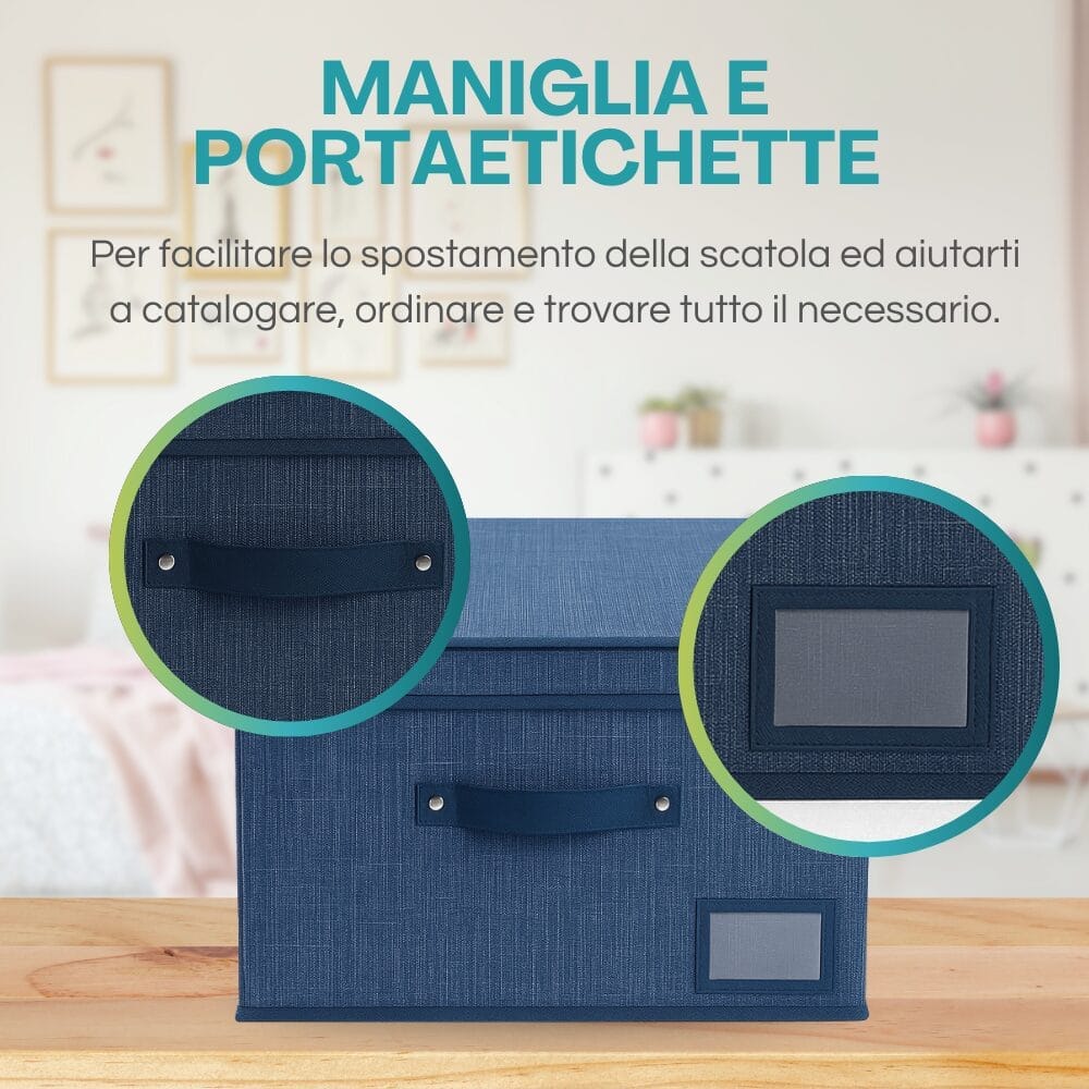 Scatola in tessuto oxford blu con maniglia e portaetichette frontale