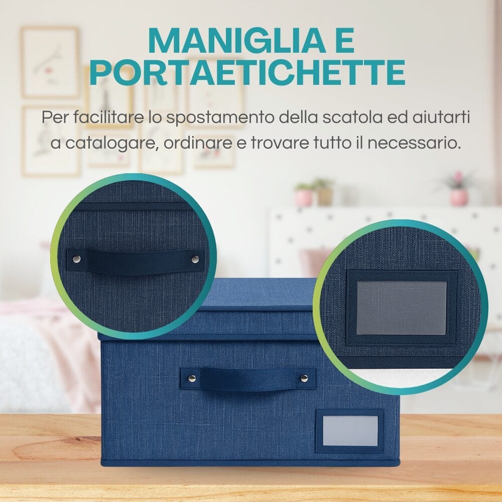 Scatola in tessuto oxford blu con maniglia e portaetichette frontale