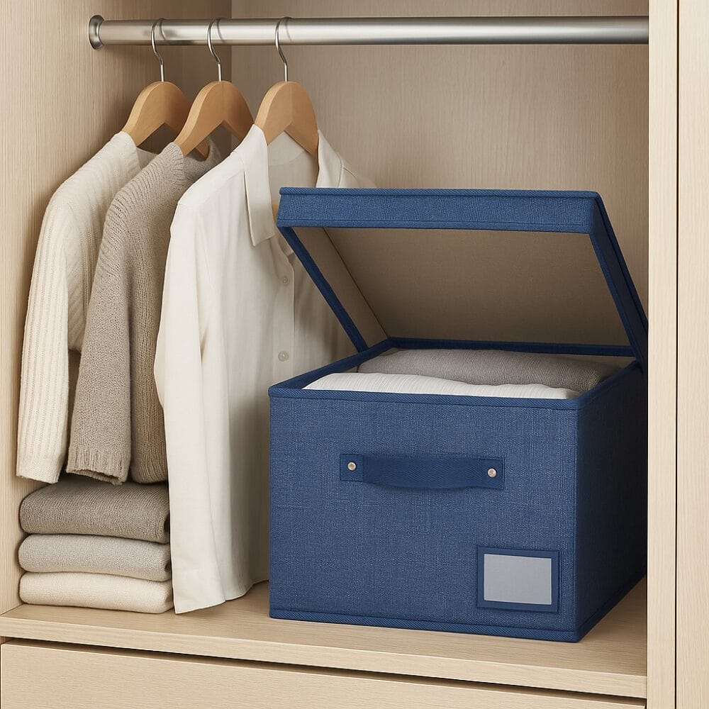 Contenitore in tessuto oxford blu per armadio con coperchio aperto