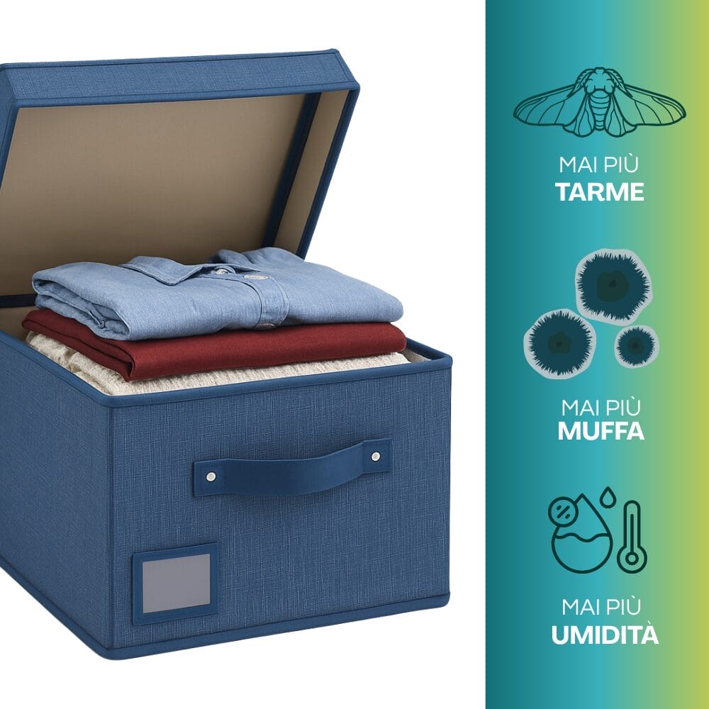 Scatola salvaspazio in tessuto oxford blu anti tarme e muffa