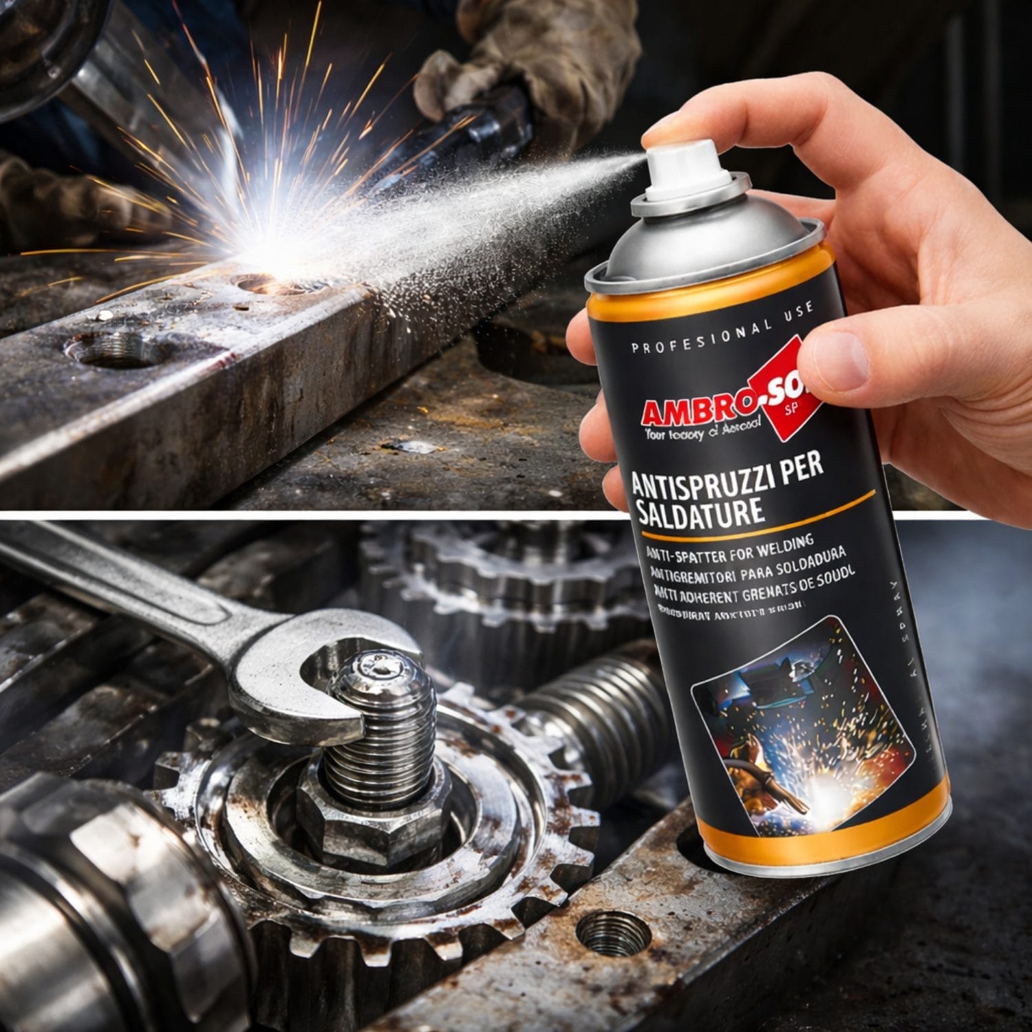 Antispruzzi per saldature Ambro-Sol spray in uso durante lavorazioni di saldatura su metallo