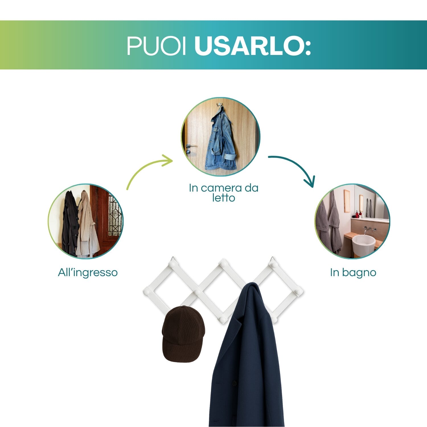 Appendiabiti bianco in legno ideale per ingresso camera e bagno