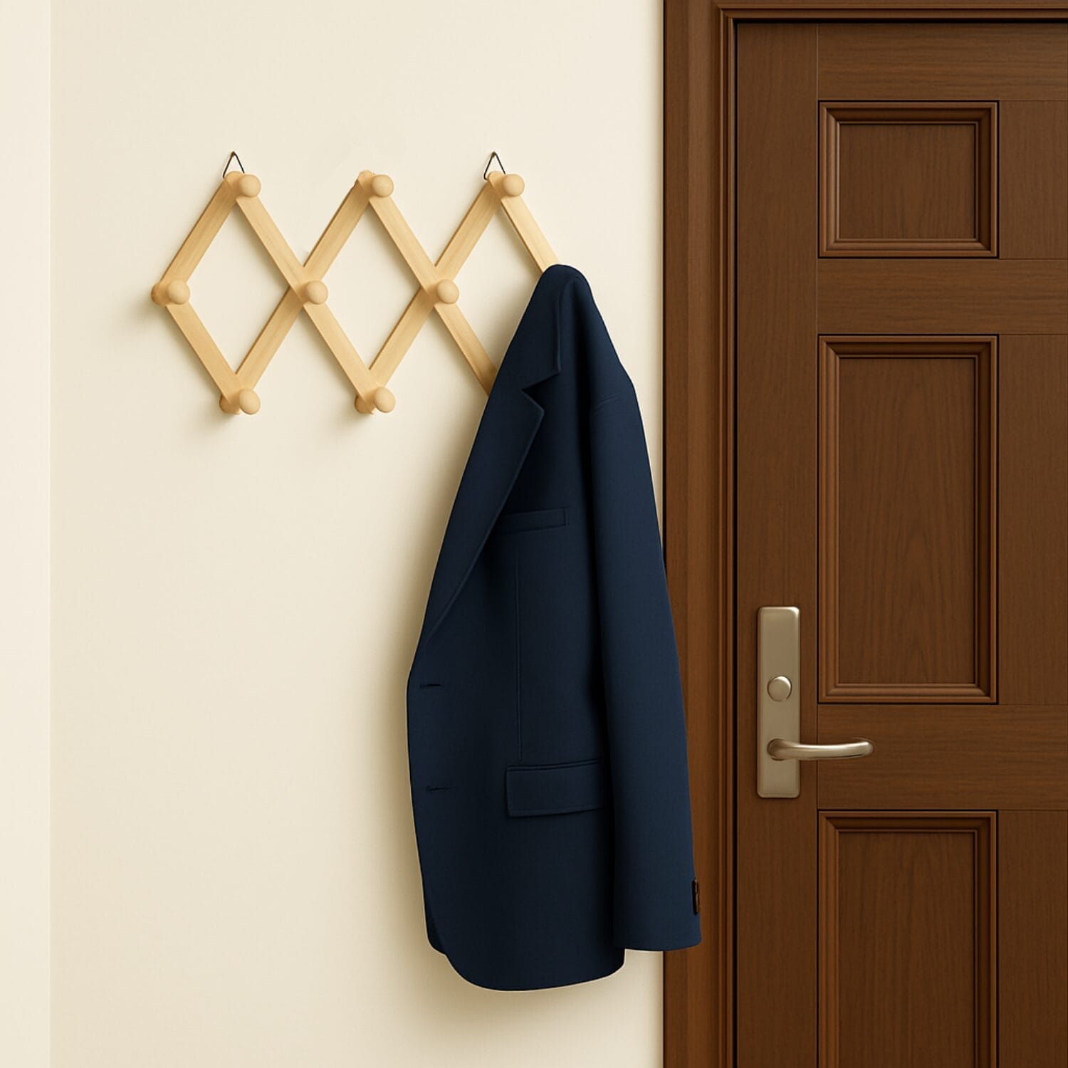 Appendiabiti in legno chiaro con giacca e cappello ingresso casa