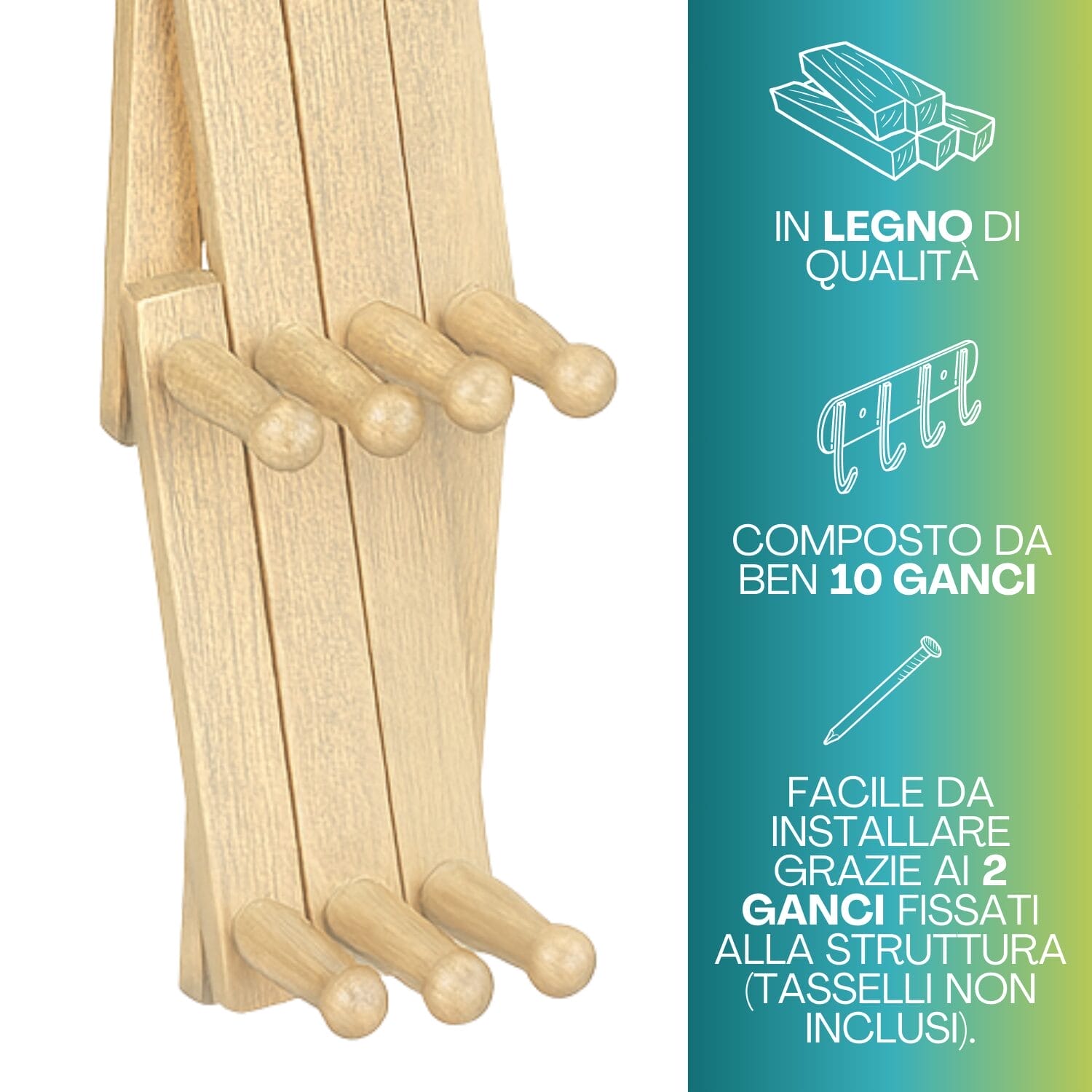 Appendiabiti legno chiaro 10 ganci in legno resistente dettaglio montaggio
