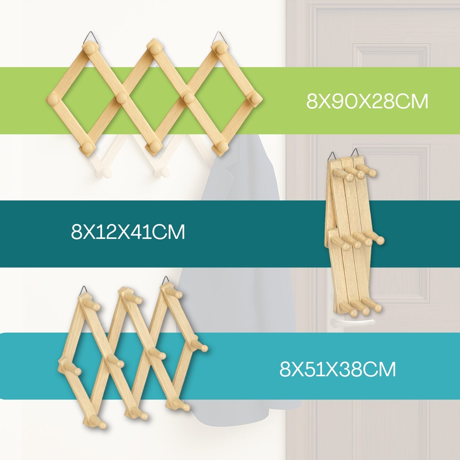 Appendiabiti legno chiaro regolabile dimensioni 8x90x28 8x12x41 8x51x38 cm