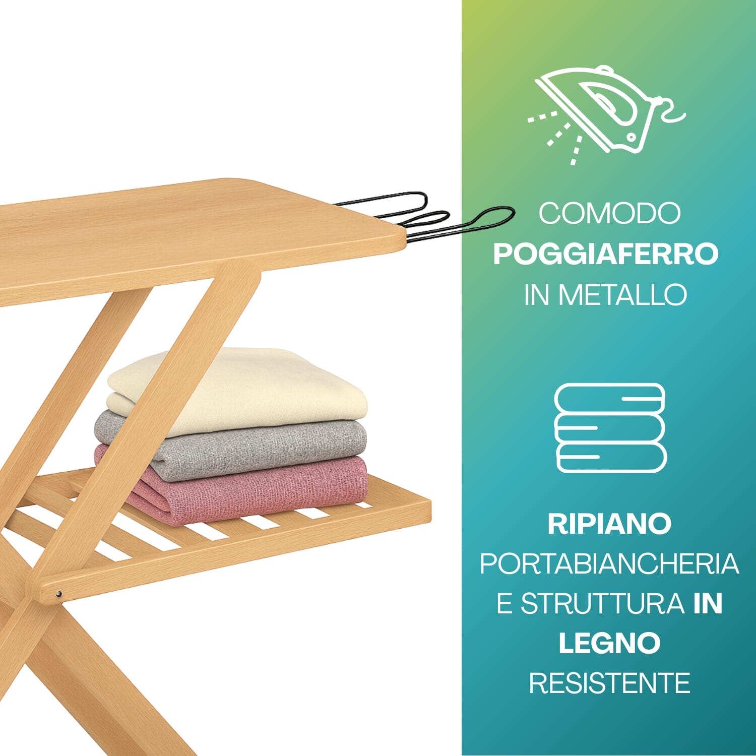 Asse da stiro in legno con poggiaferro e ripiano portabiancheria
