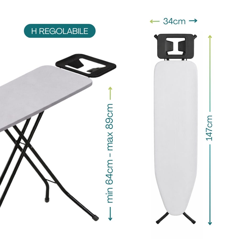 Asse da stiro regolabile dimensioni 147x34 cm altezza fino a 89 cm