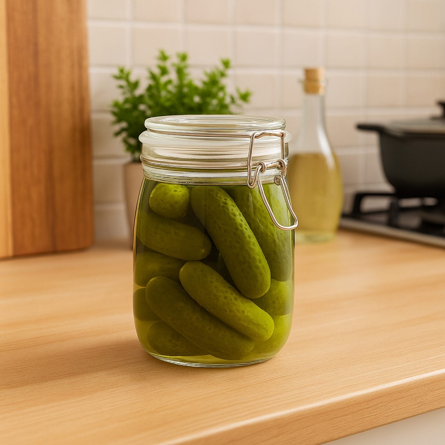 Barattolo ermetico in vetro trasparente con cetriolini sott’olio su piano cucina