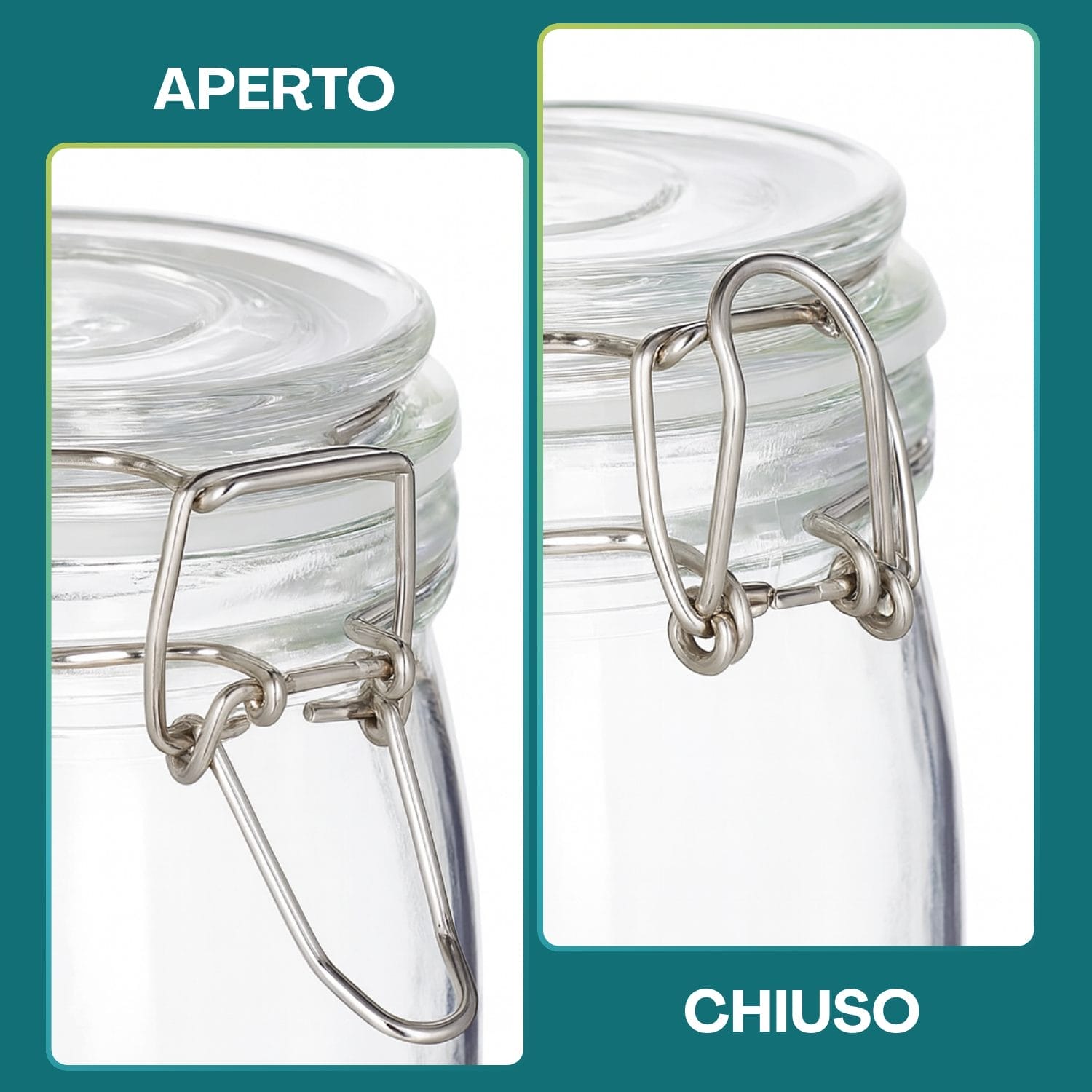 Dettaglio barattolo in vetro aperto con chiusura a leva in metallo e guarnizione ermetica