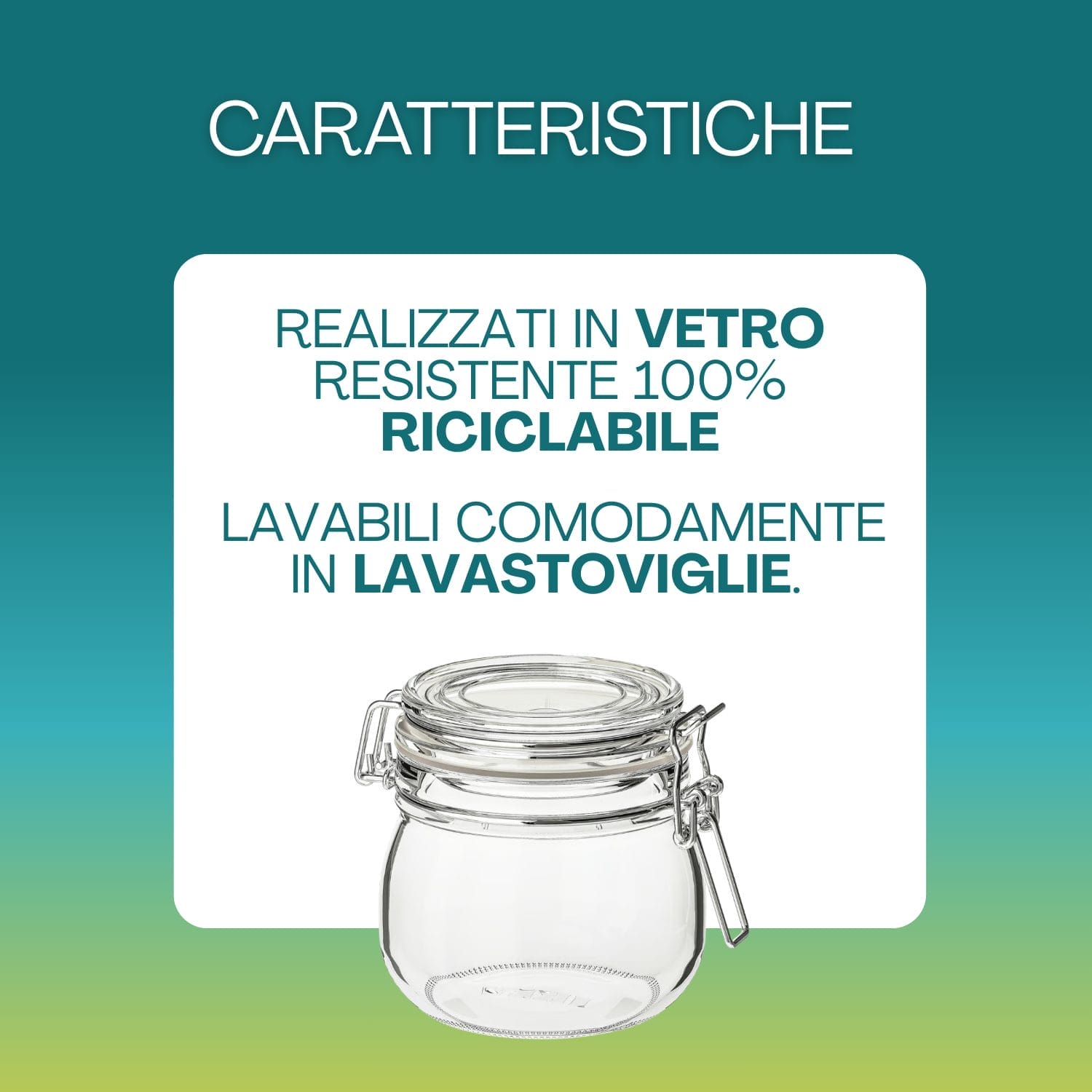 Barattolo in vetro resistente e riciclabile, lavabile in lavastoviglie e adatto al contatto alimentare