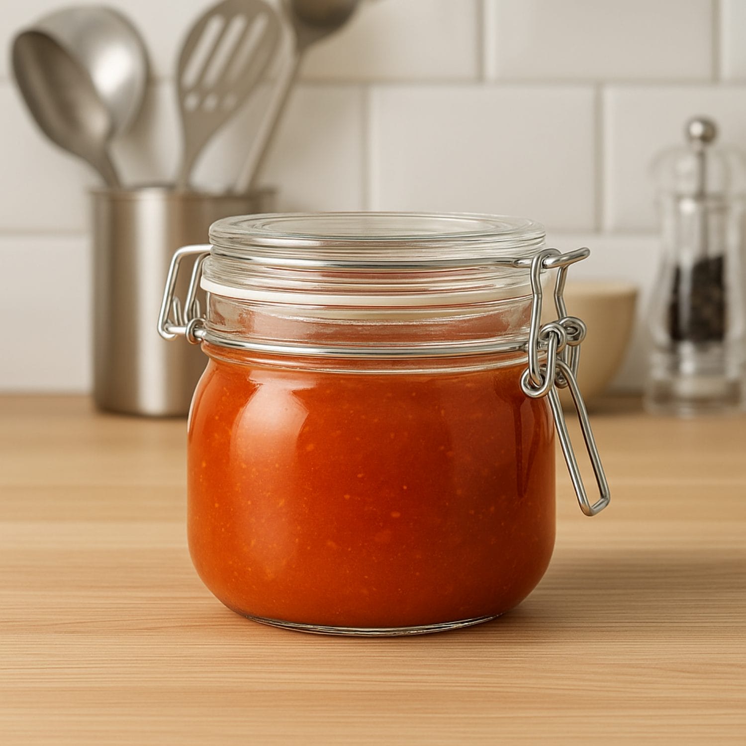 Barattolo in vetro con chiusura ermetica contenente salsa, ideale per conserve e alimenti fatti in casa