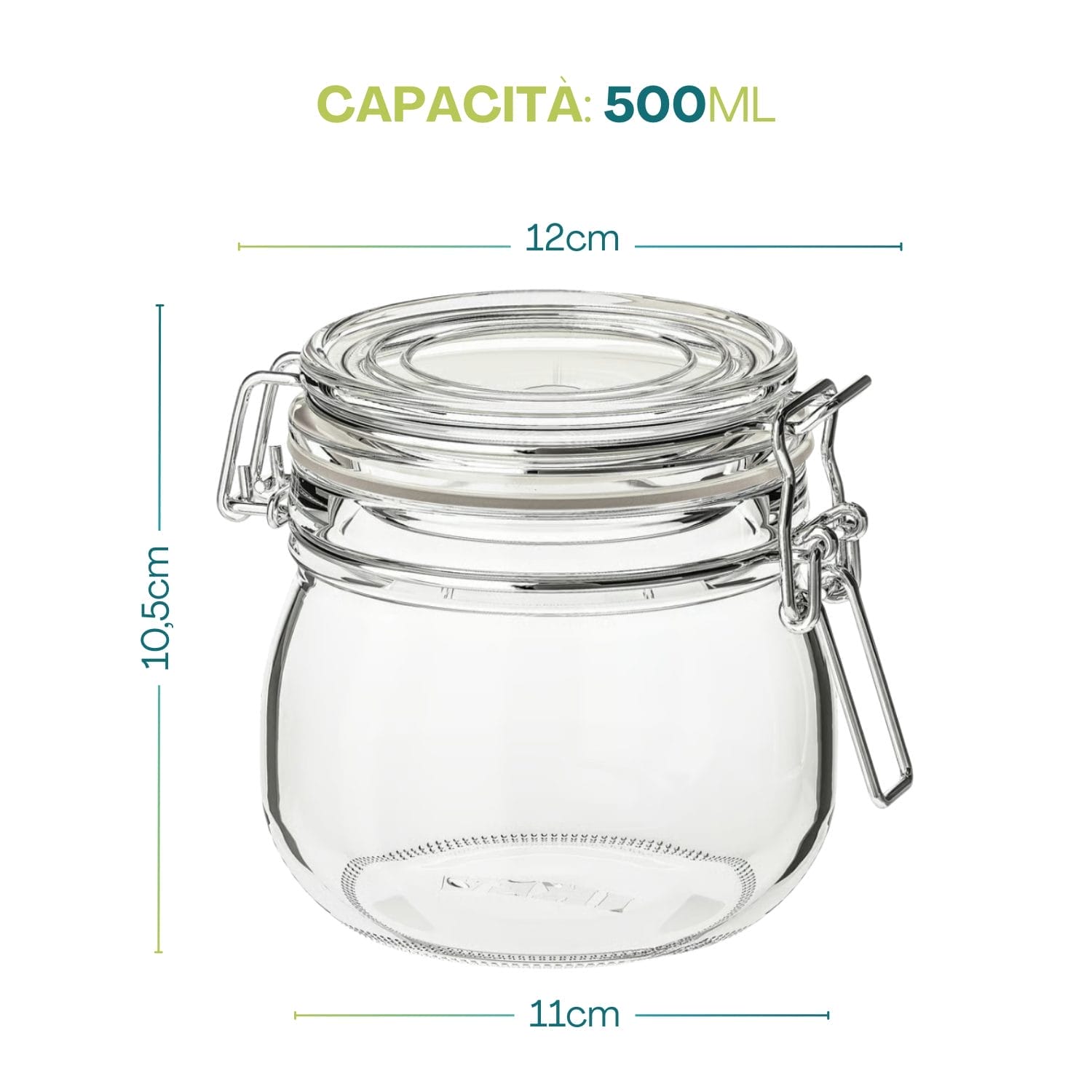 Barattolo in vetro ermetico da 500 ml con dimensioni indicate, ideale per conserve e dispensa