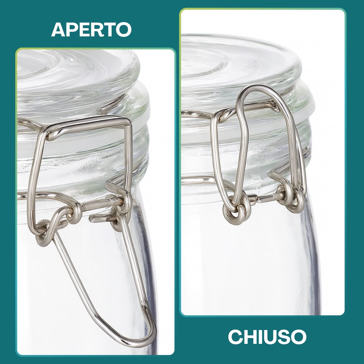 Dettaglio barattolo grande in vetro con chiusura ermetica aperta e chiusa, tappo a clip in metallo