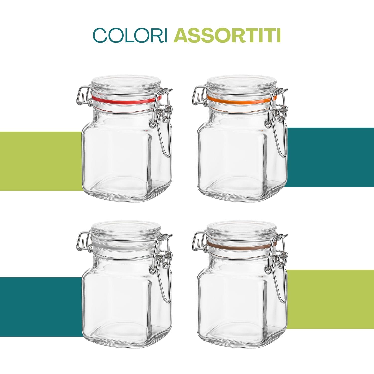 Barattoli piccoli in vetro con guarnizioni colorate assortite e chiusura ermetica