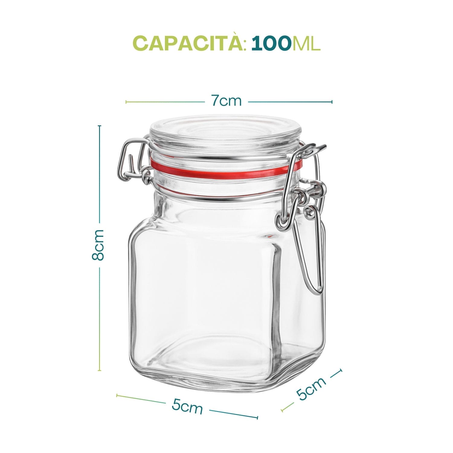 Barattolo piccolo in vetro da 100 ml con chiusura ermetica e dimensioni indicate