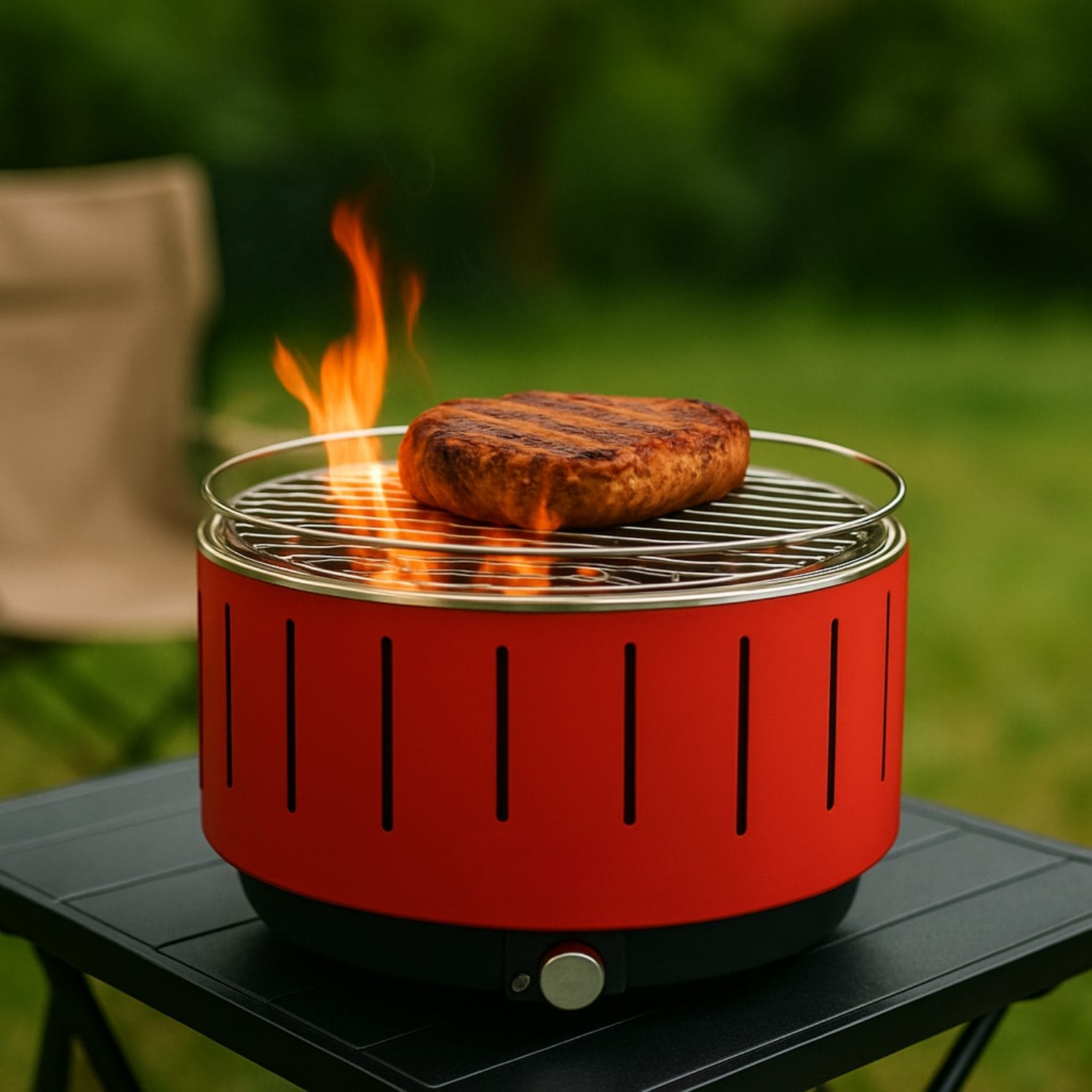 Barbecue da tavolo a carbone con carne in cottura e fiamma viva all’aperto