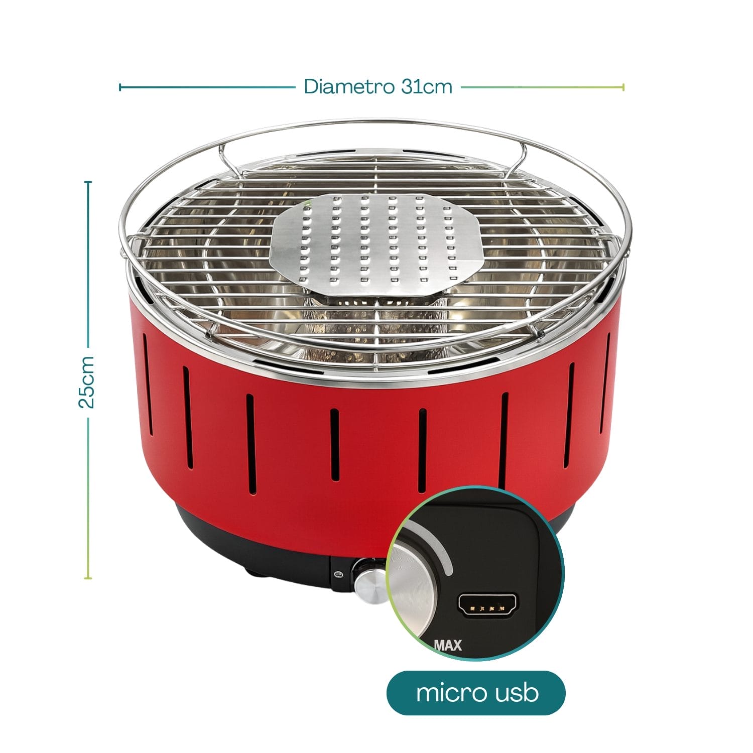 Barbecue da tavolo rosso diametro 31 cm con alimentazione micro USB