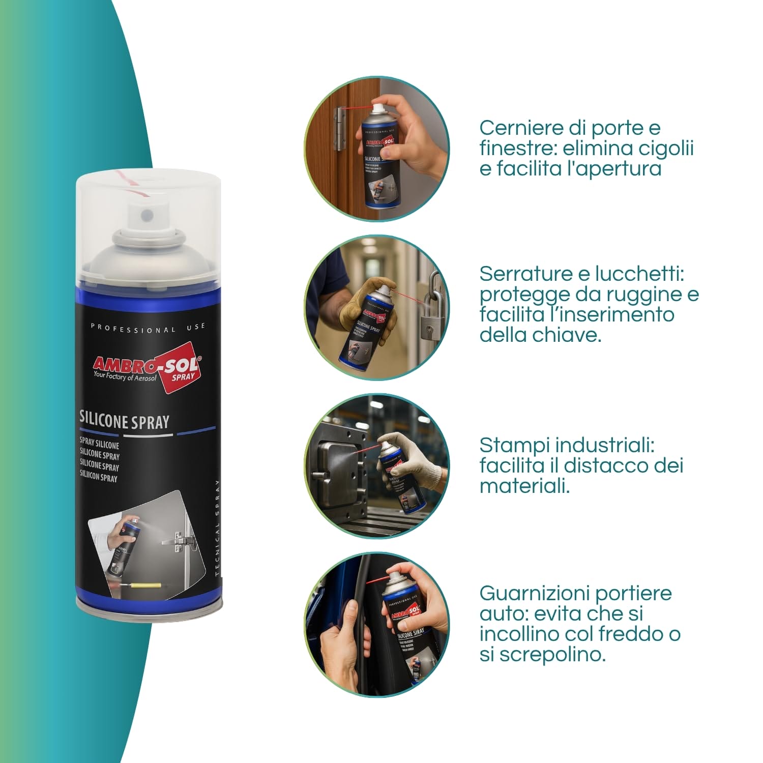 Spray silicone Ambro-Sol per porte, serrature, guarnizioni e stampi industriali