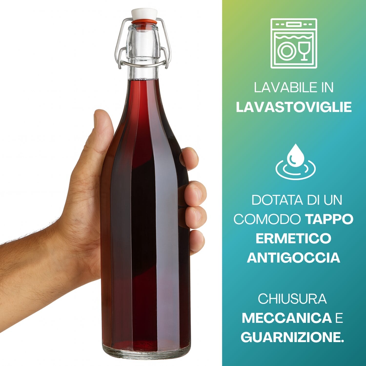 Bottiglia in vetro con tappo ermetico a leva e guarnizione antigoccia