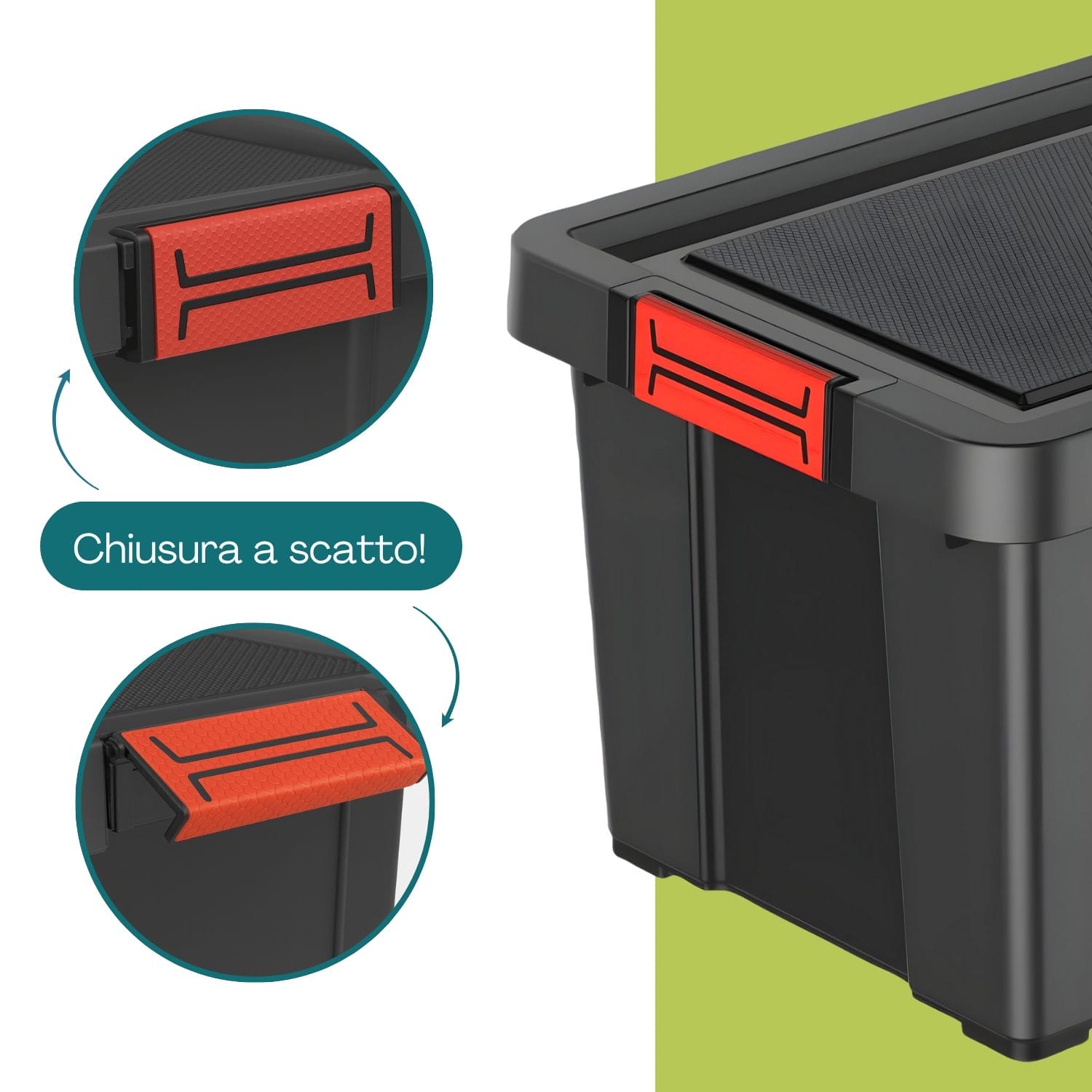 Chiusura a scatto del box porta attrezzi con clip arancione antiscivolo