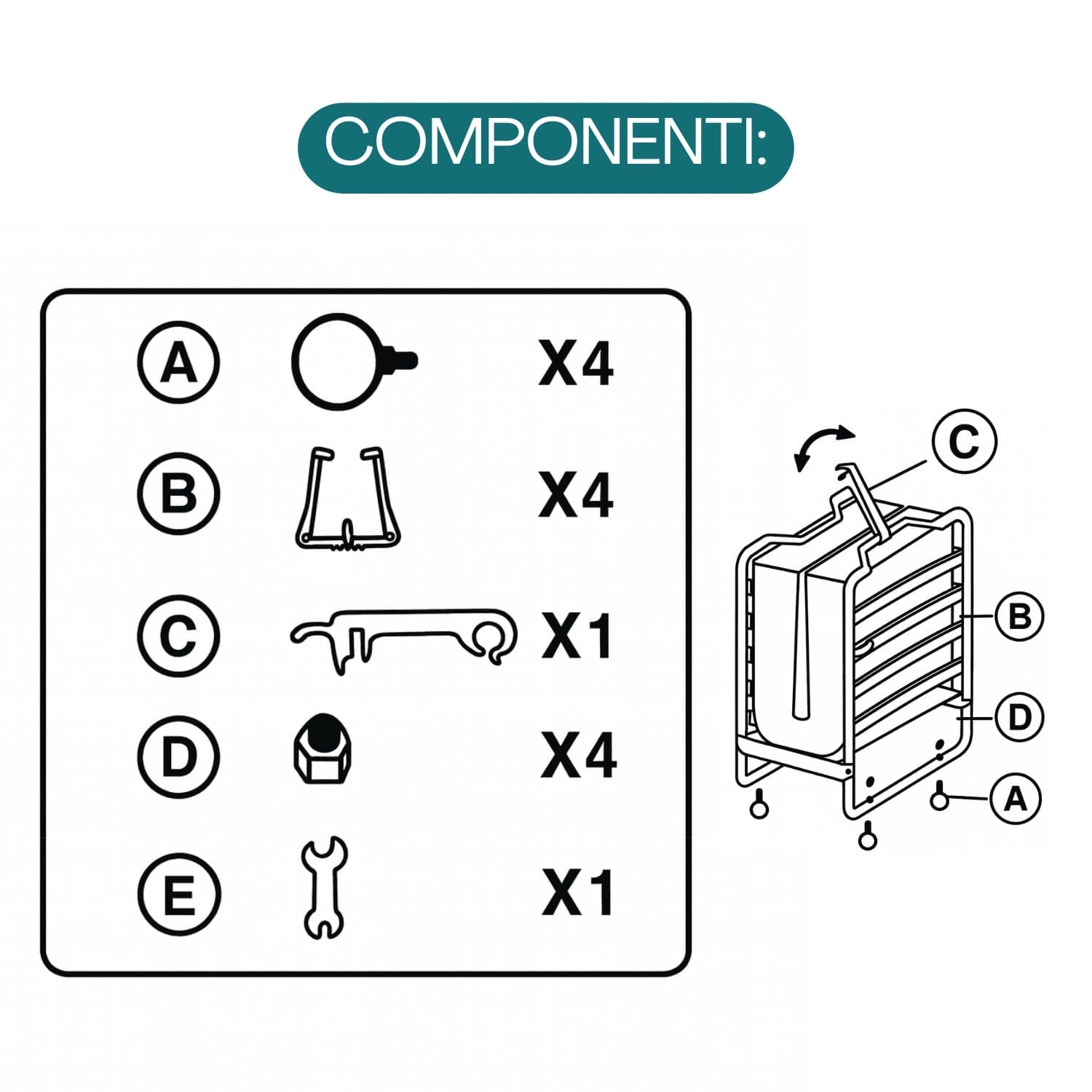 Componenti brandina pieghevole con ruote ganci chiave e kit montaggio