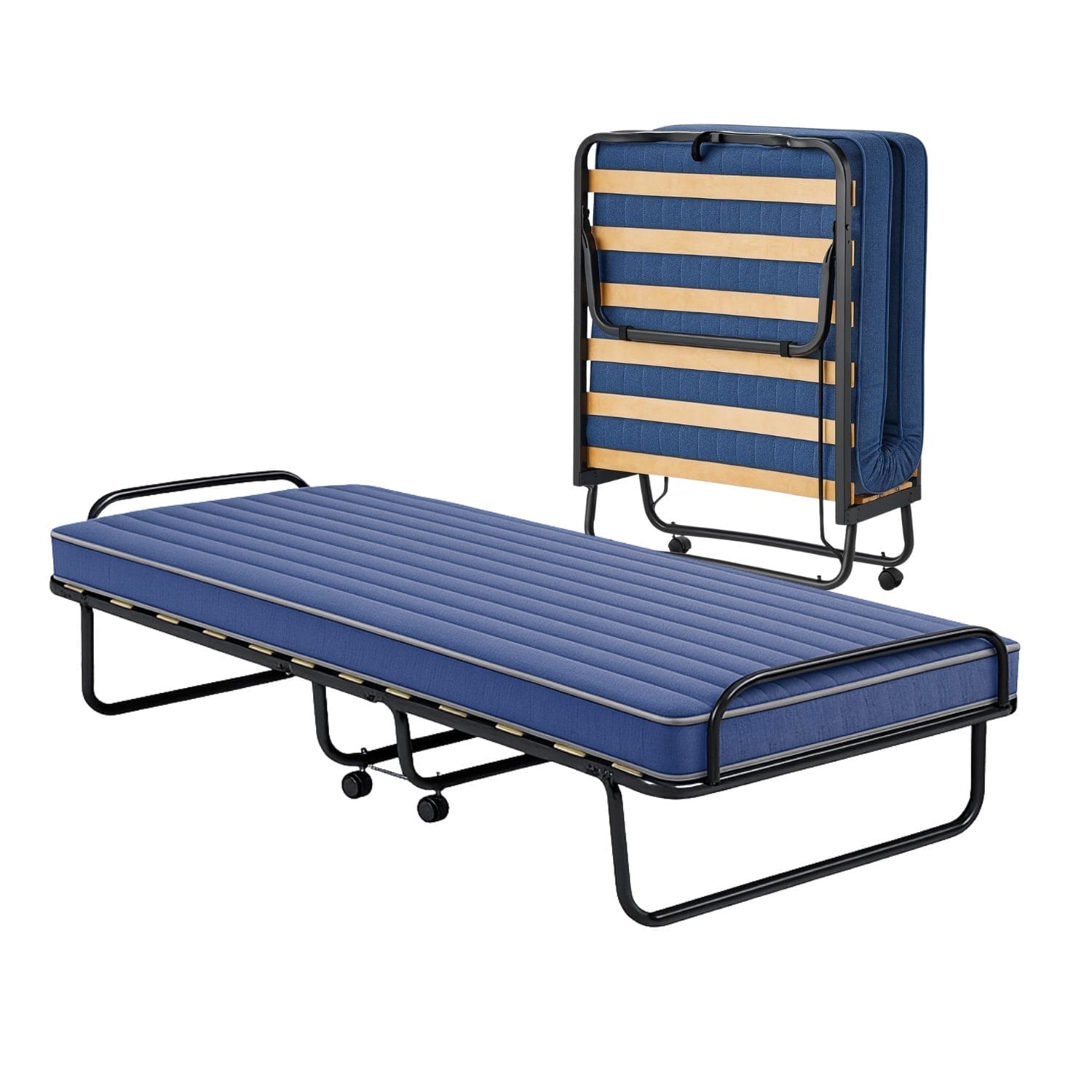brandina con materasso principale Brandina pieghevole con materasso blu struttura in metallo e ruote