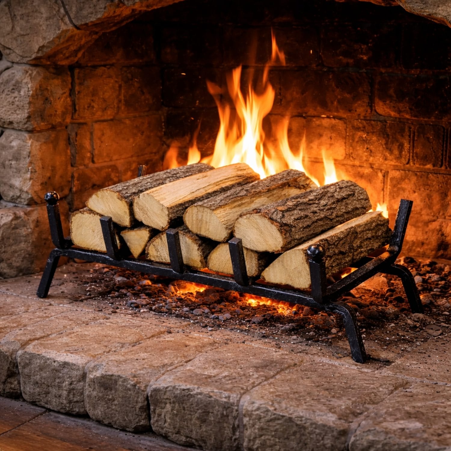Brucialegna in ferro battuto con ceppi di legna in camino acceso