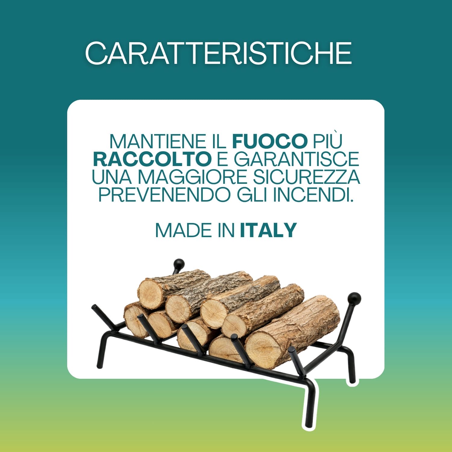 Brucialegna in ferro battuto per camino con supporto robusto e design italiano