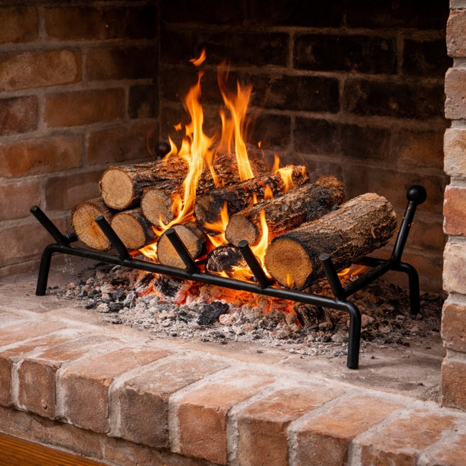 Brucialegna in ferro battuto con legna accesa in camino in muratura