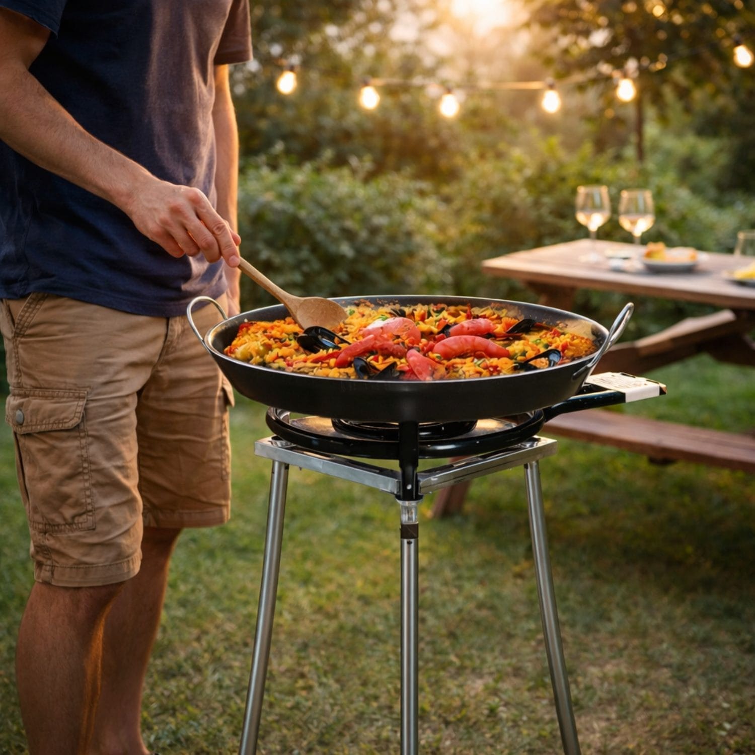Bruciatore a gas a 2 fuochi in uso con padella paellera all’aperto per cotture conviviali