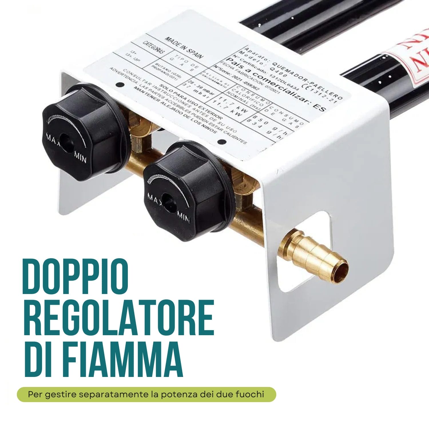 Bruciatore a gas con doppio regolatore per gestire separatamente la potenza dei due fuochi