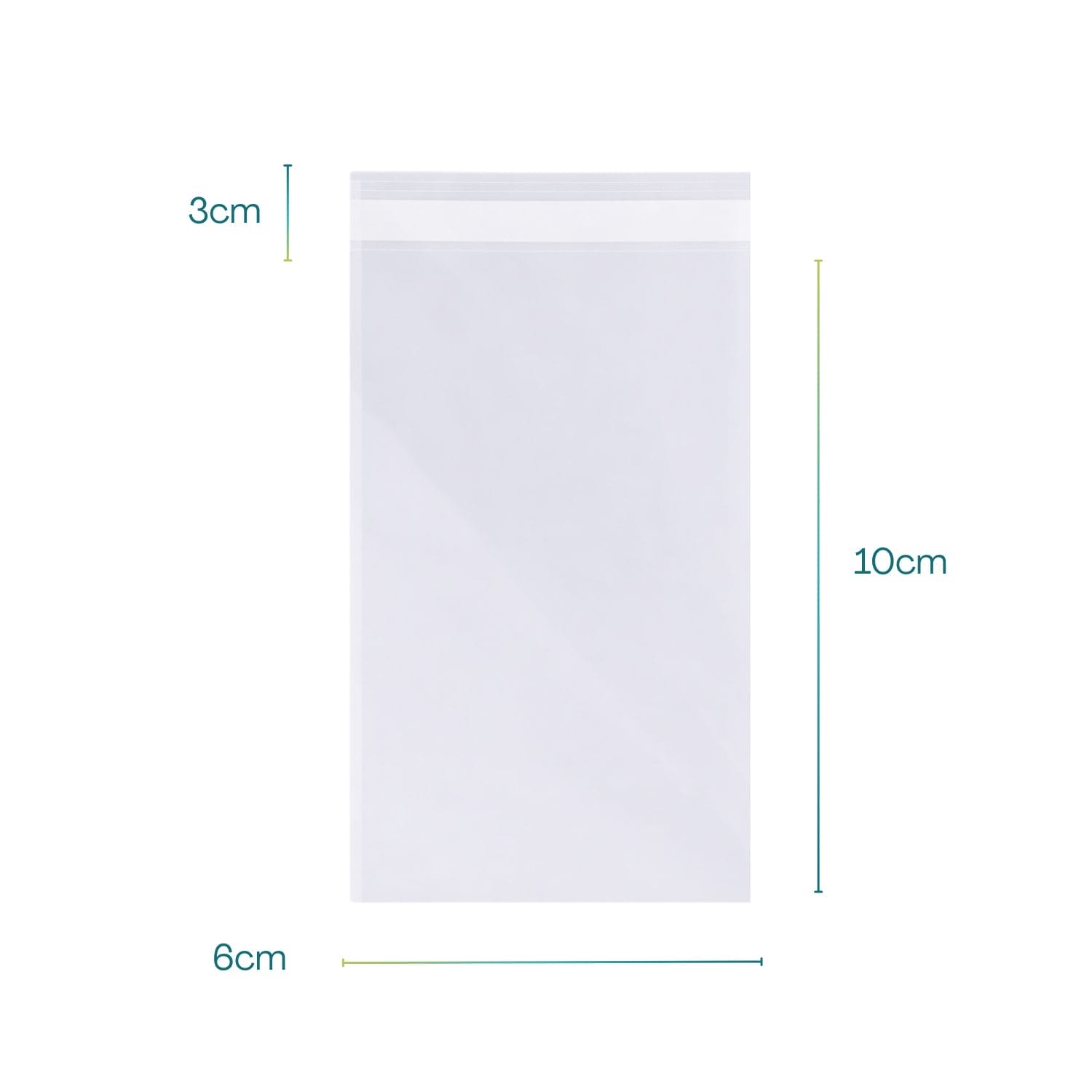 Bustina autoadesiva trasparente 6x10 cm con aletta adesiva, misure dettagliate