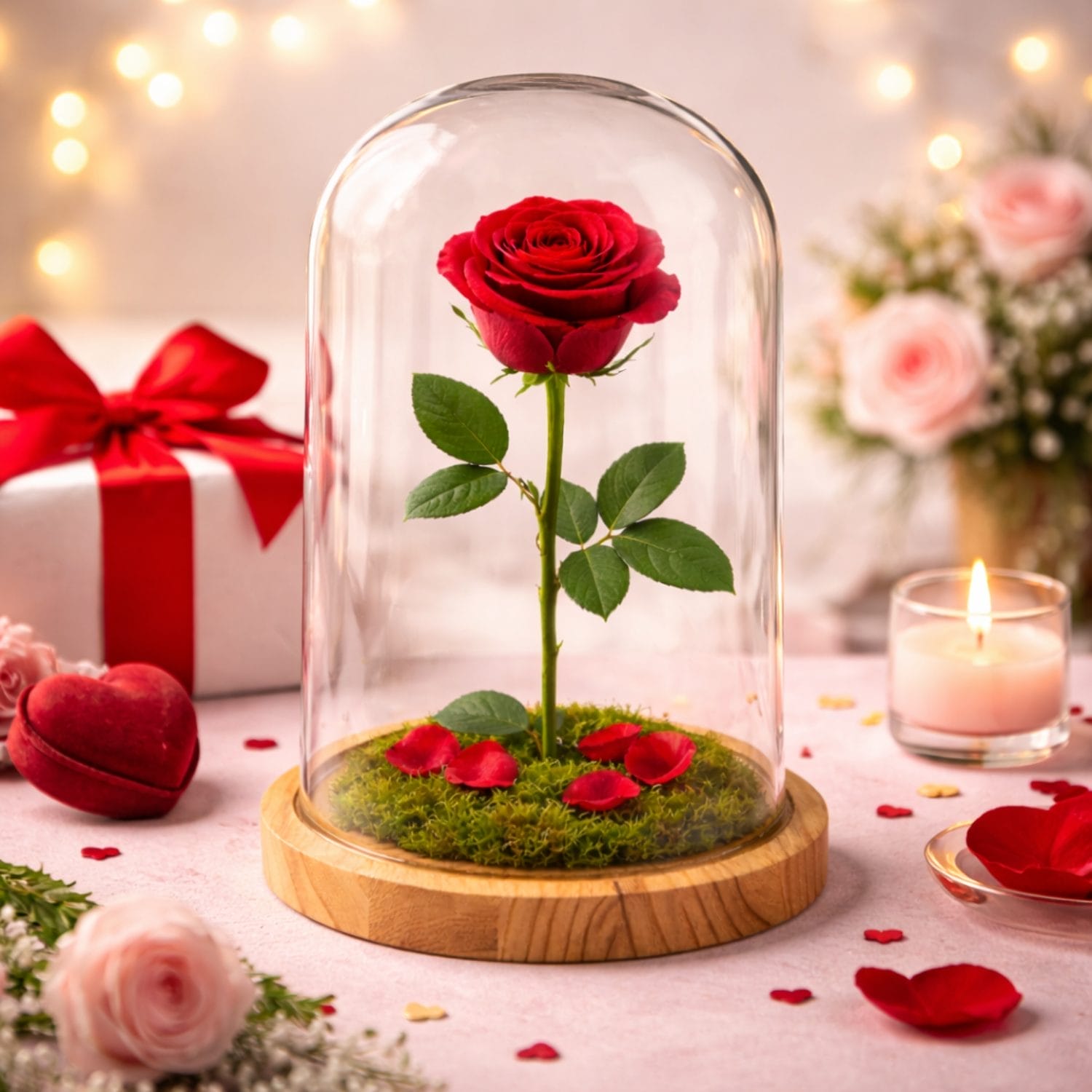 Rosa rossa sotto campana in vetro con base in legno, idea regalo romantica