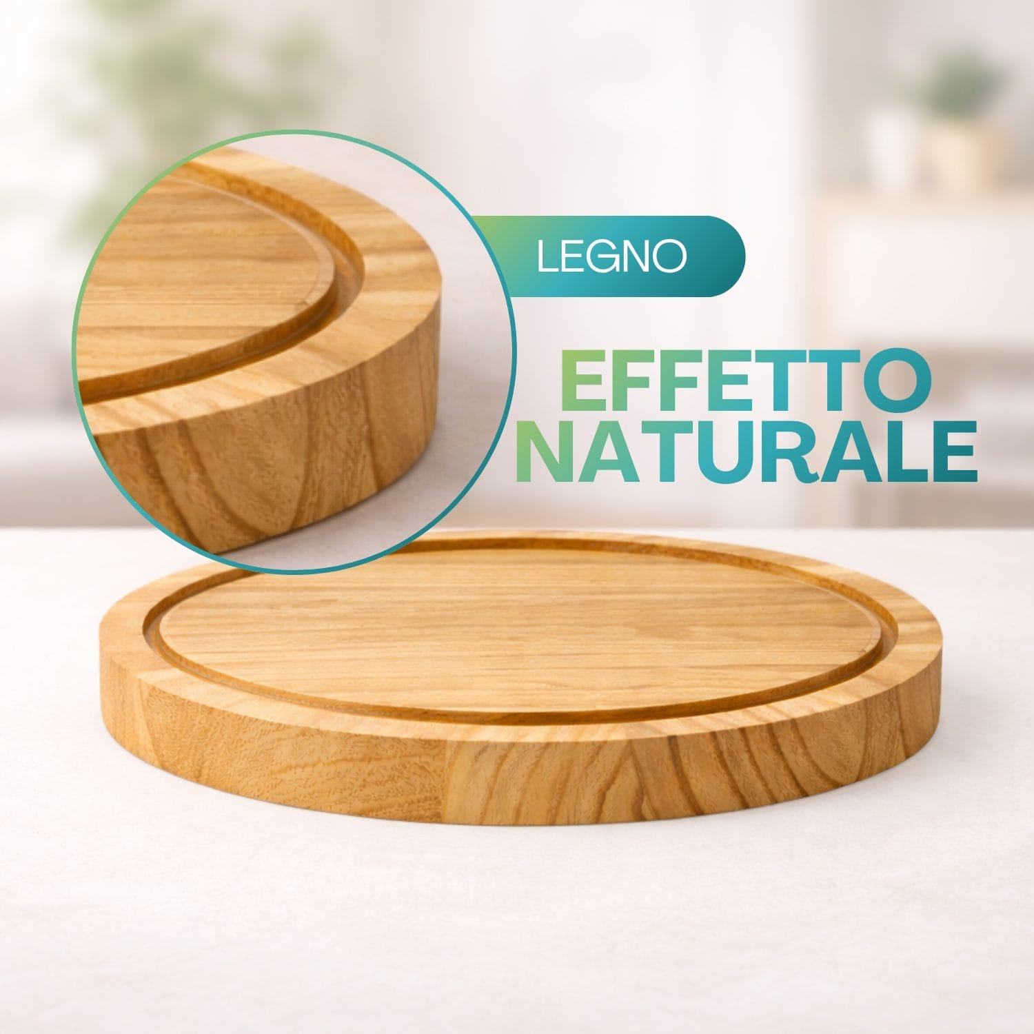 Base in legno naturale per campana in vetro con finitura effetto naturale e scanalatura interna