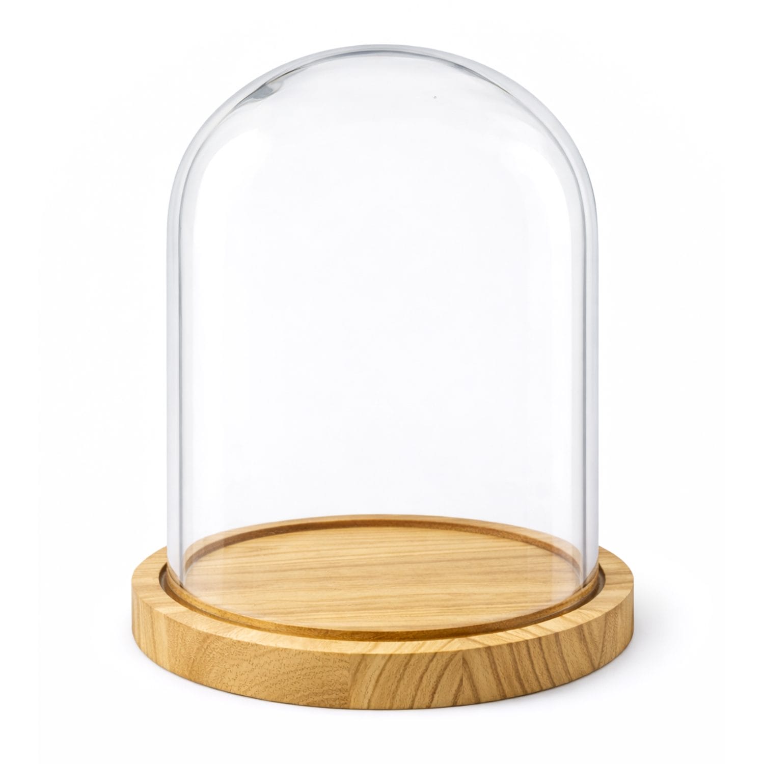 Campana in vetro trasparente con base in legno per esposizione e decorazioni