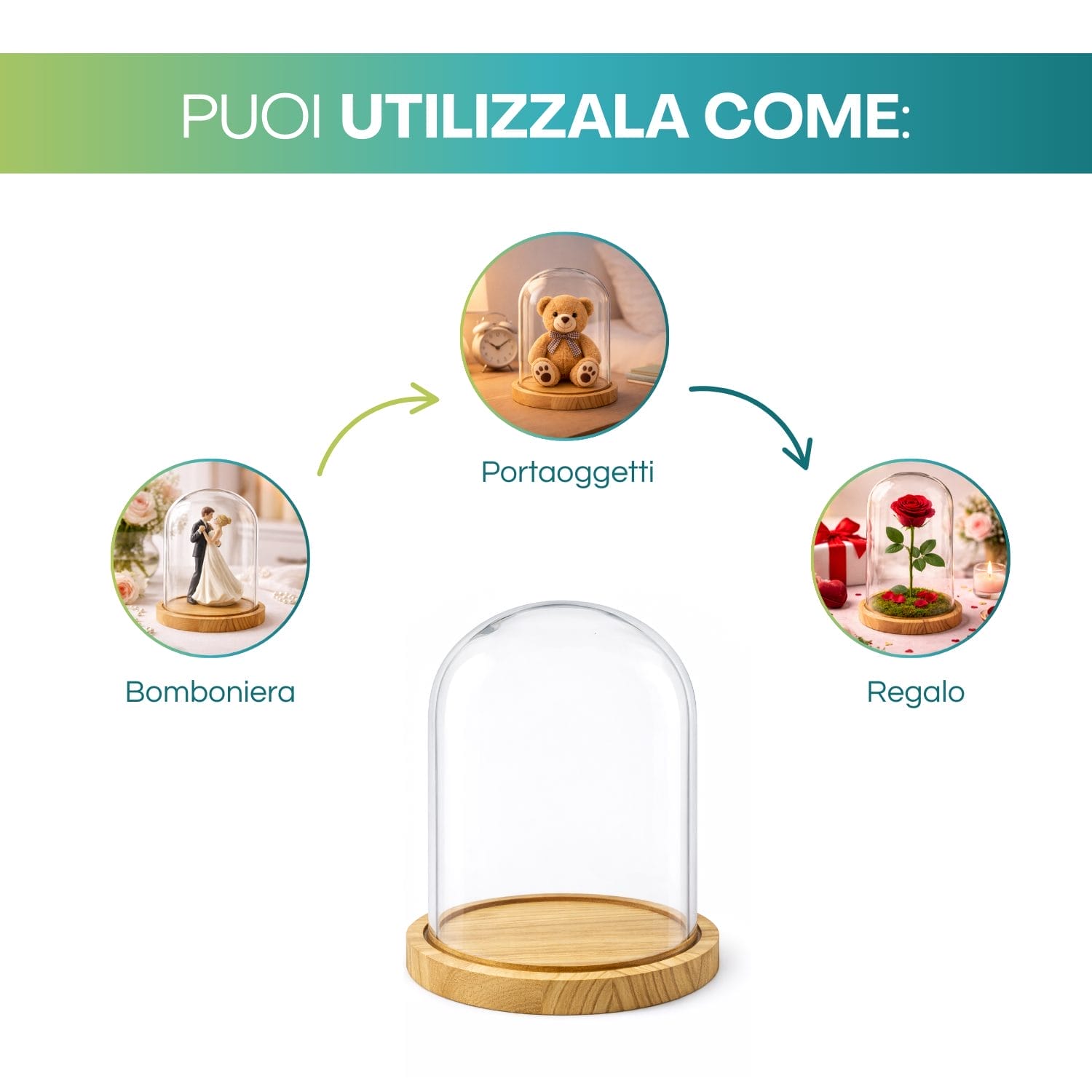 Campana in vetro con base in legno utilizzata come bomboniera, portaoggetti e idea regalo