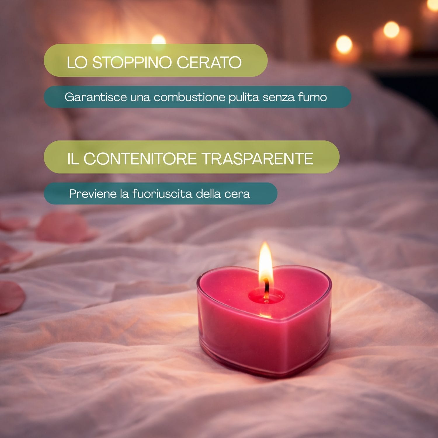 Candela profumata a forma di cuore rosa con stoppino cerato e contenitore trasparente
