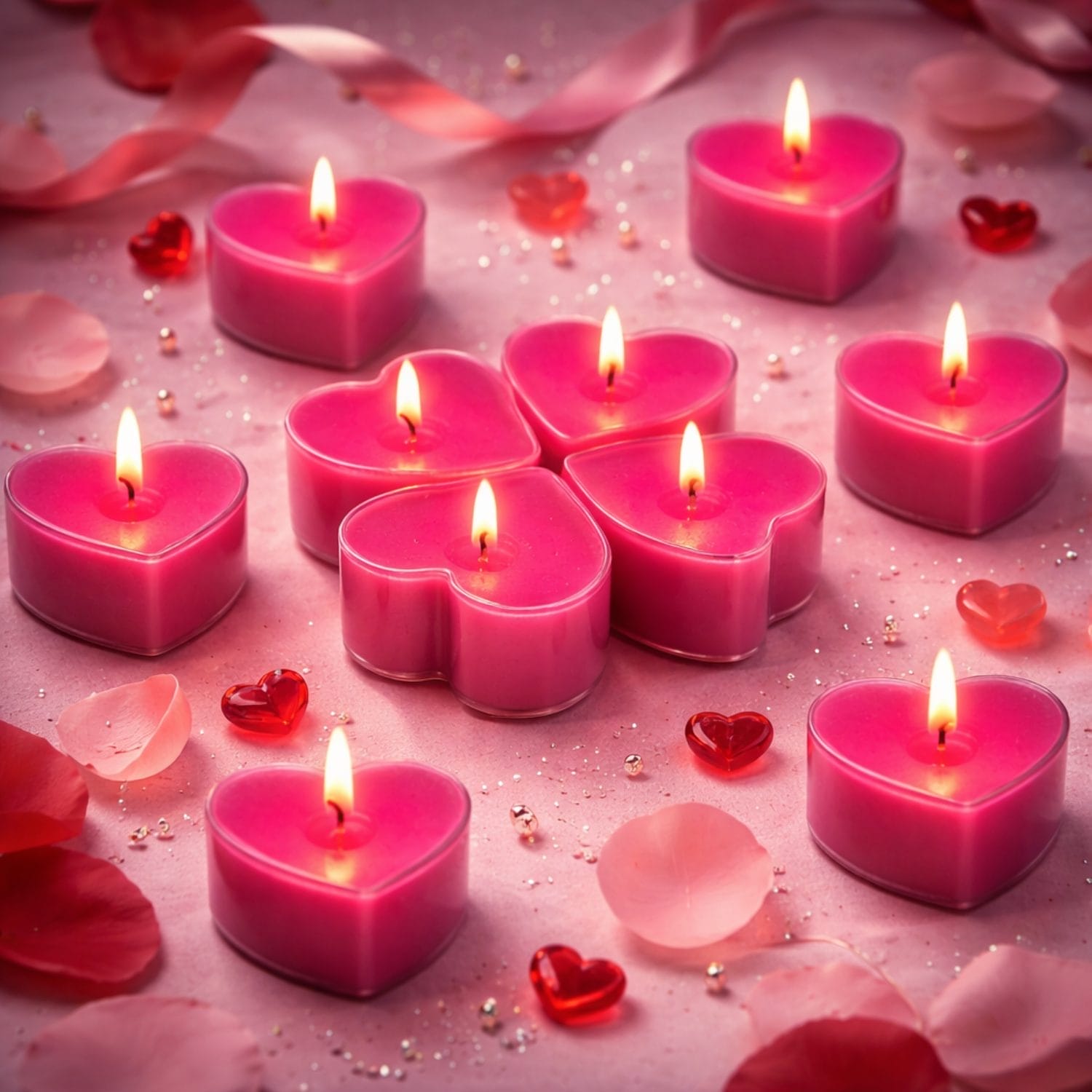 Candele rosa a forma di cuore accese per atmosfera romantica con petali e luci soffuse
