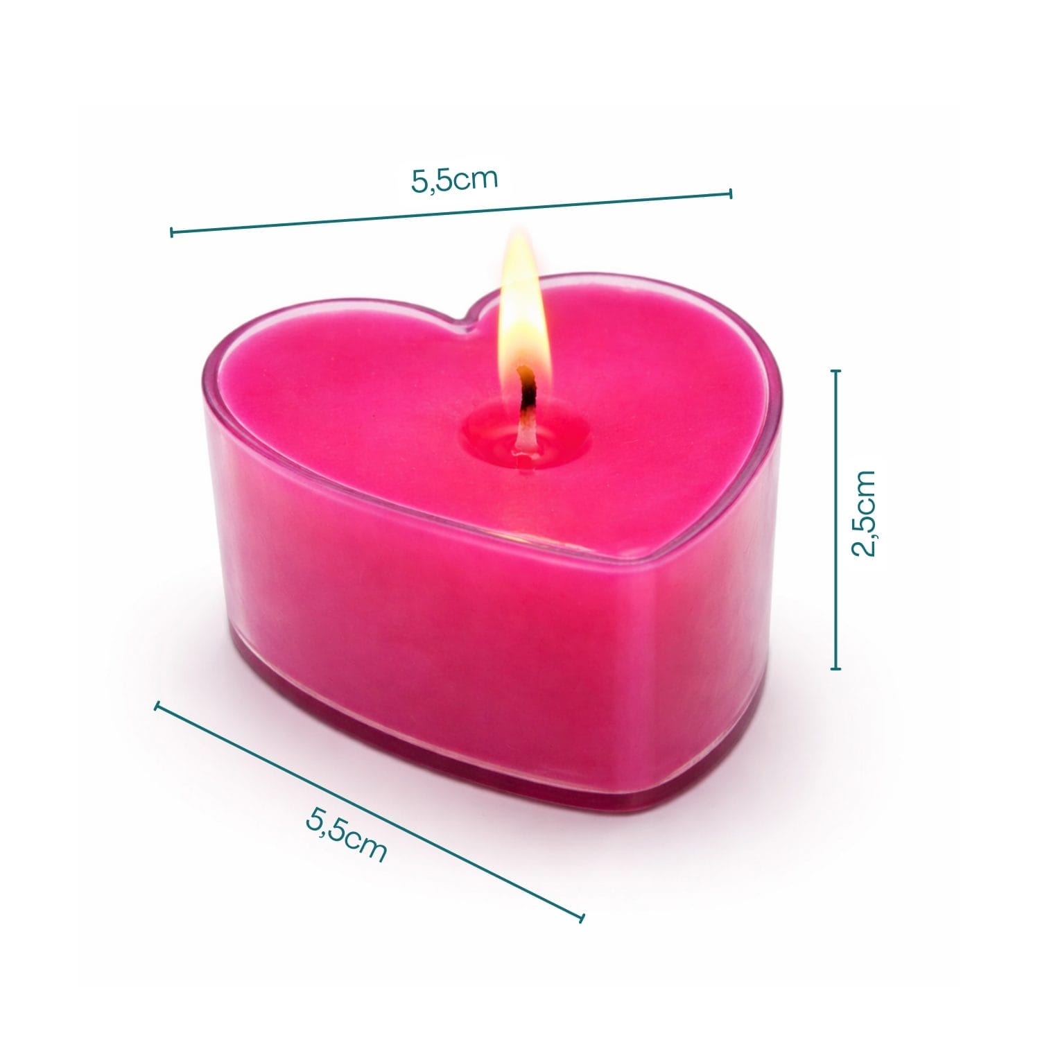 Candela a cuore rosa profumata dimensioni 5,5x5,5x2,5 cm su sfondo bianco