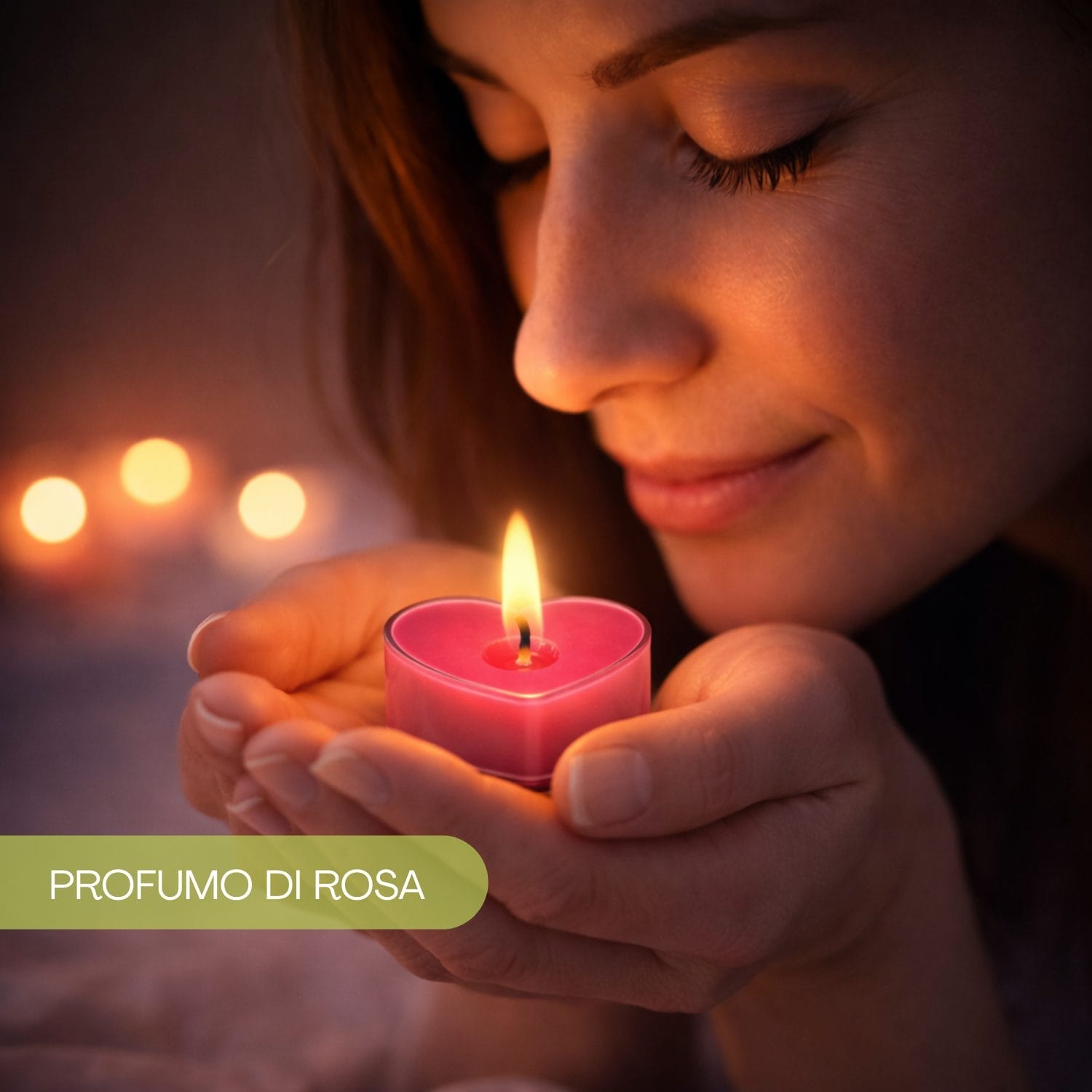 Candela profumata a forma di cuore rosa al profumo di rosa tenuta tra le mani
