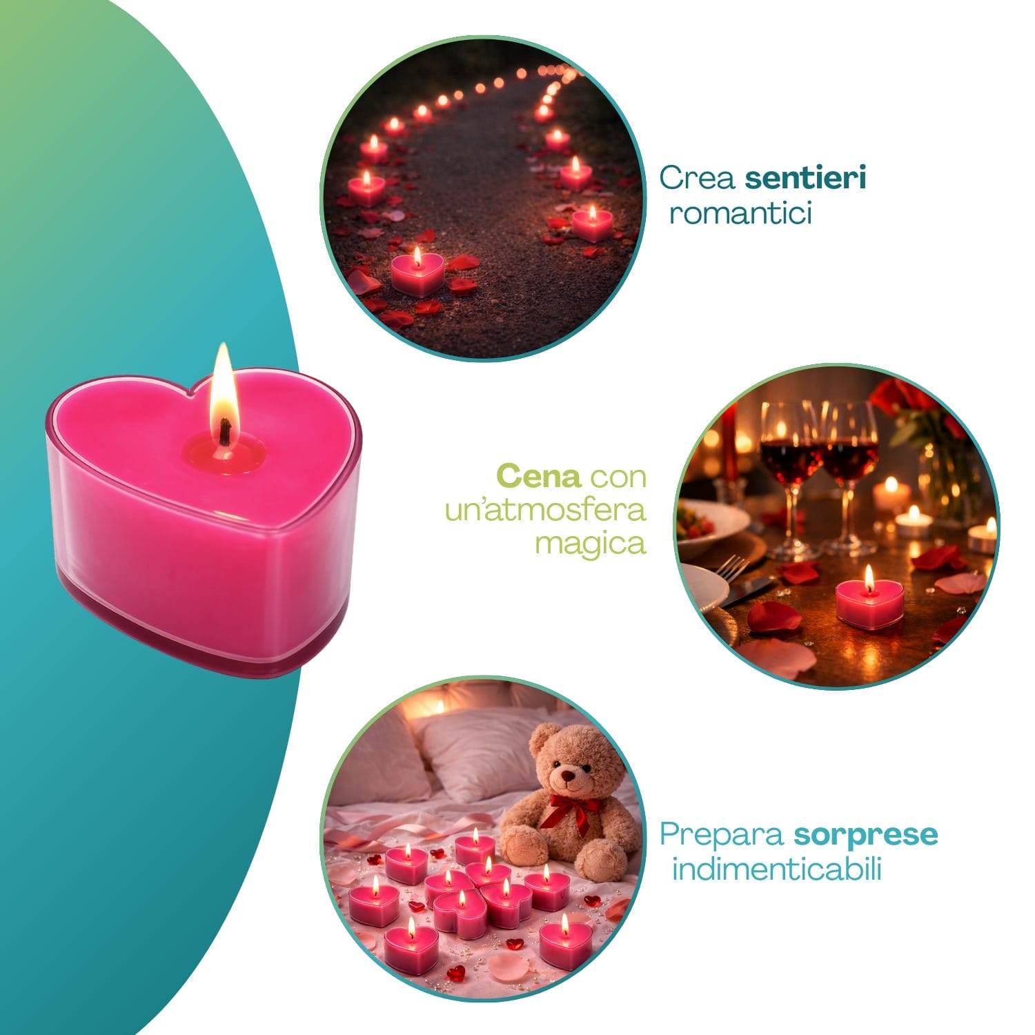 Candele a forma di cuore rosa per sentieri romantici, cene e sorprese speciali